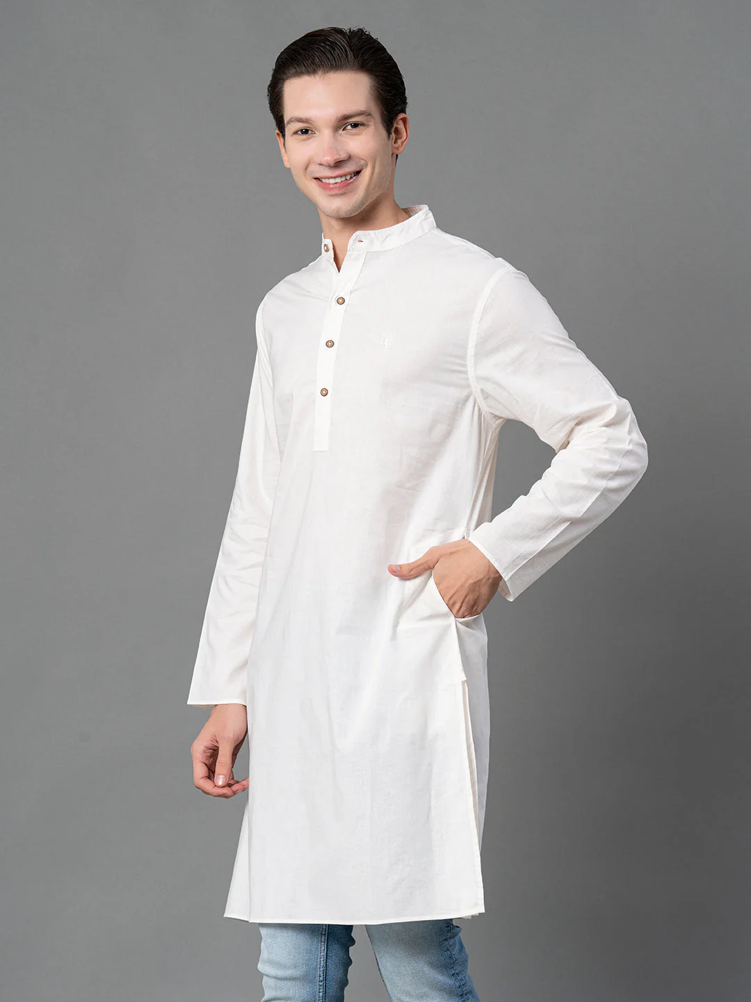 Solid Mid-Length Kurta for Men - Image 2