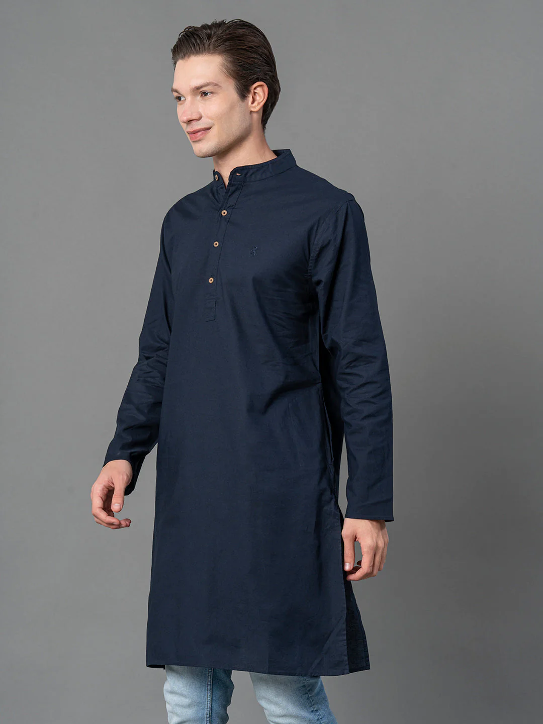 Solid Navy Mid-Length Kurta for Men - Image 2