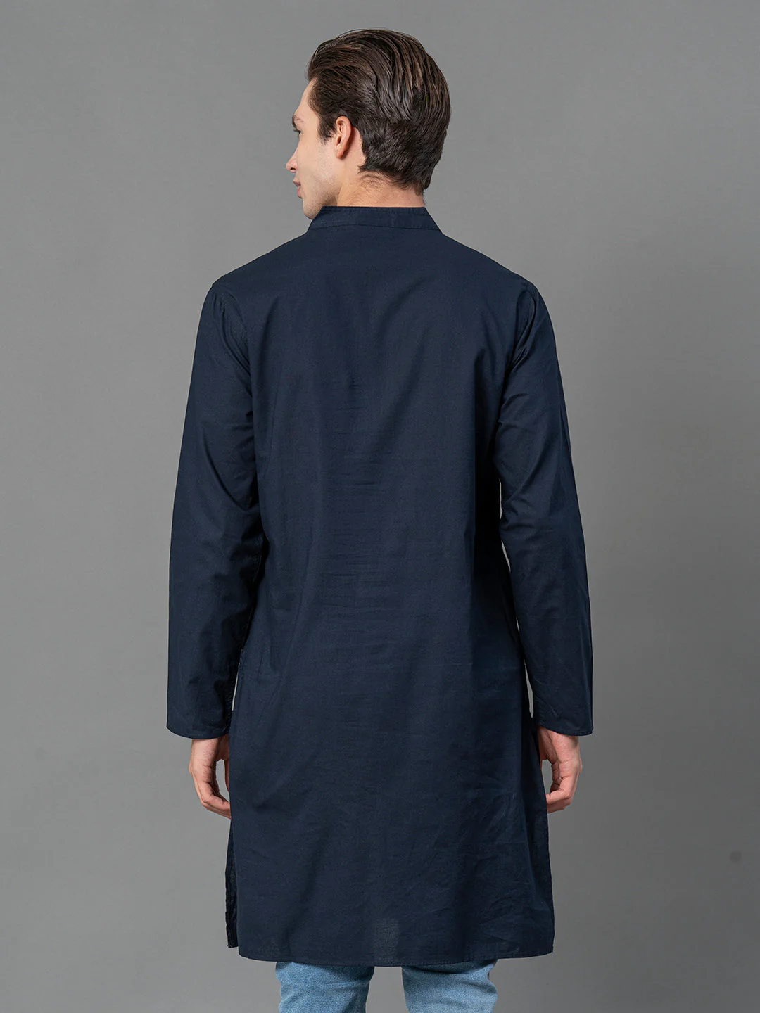 Solid Navy Mid-Length Kurta for Men - Image 3