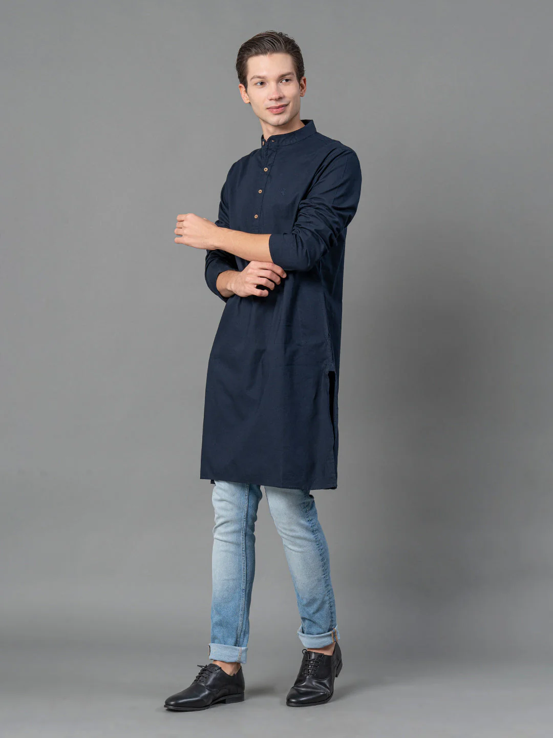 Solid Navy Mid-Length Kurta for Men - Image 5