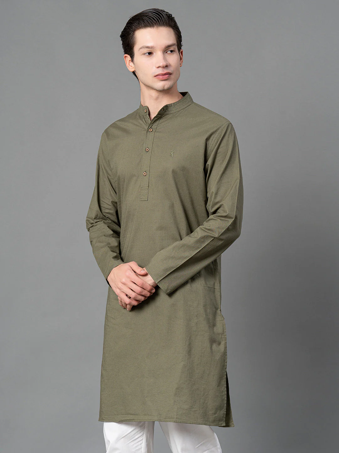 Solid Olive Mid-Length Kurta for Men - Image 2