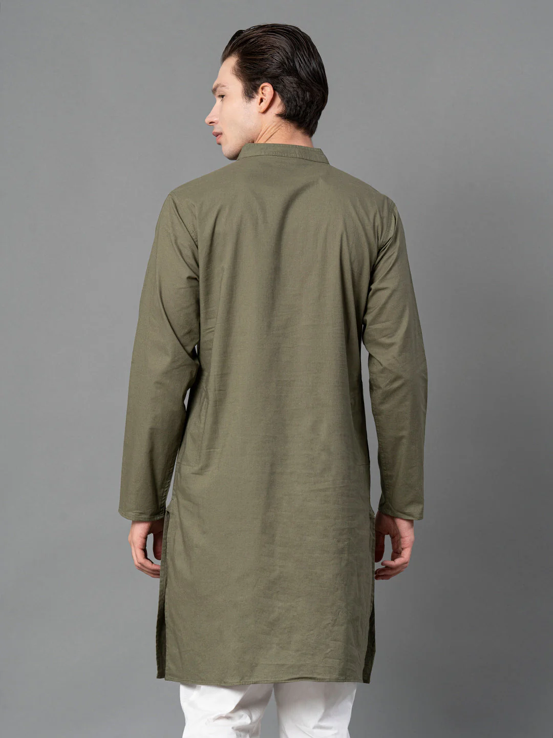 Solid Olive Mid-Length Kurta for Men - Image 3