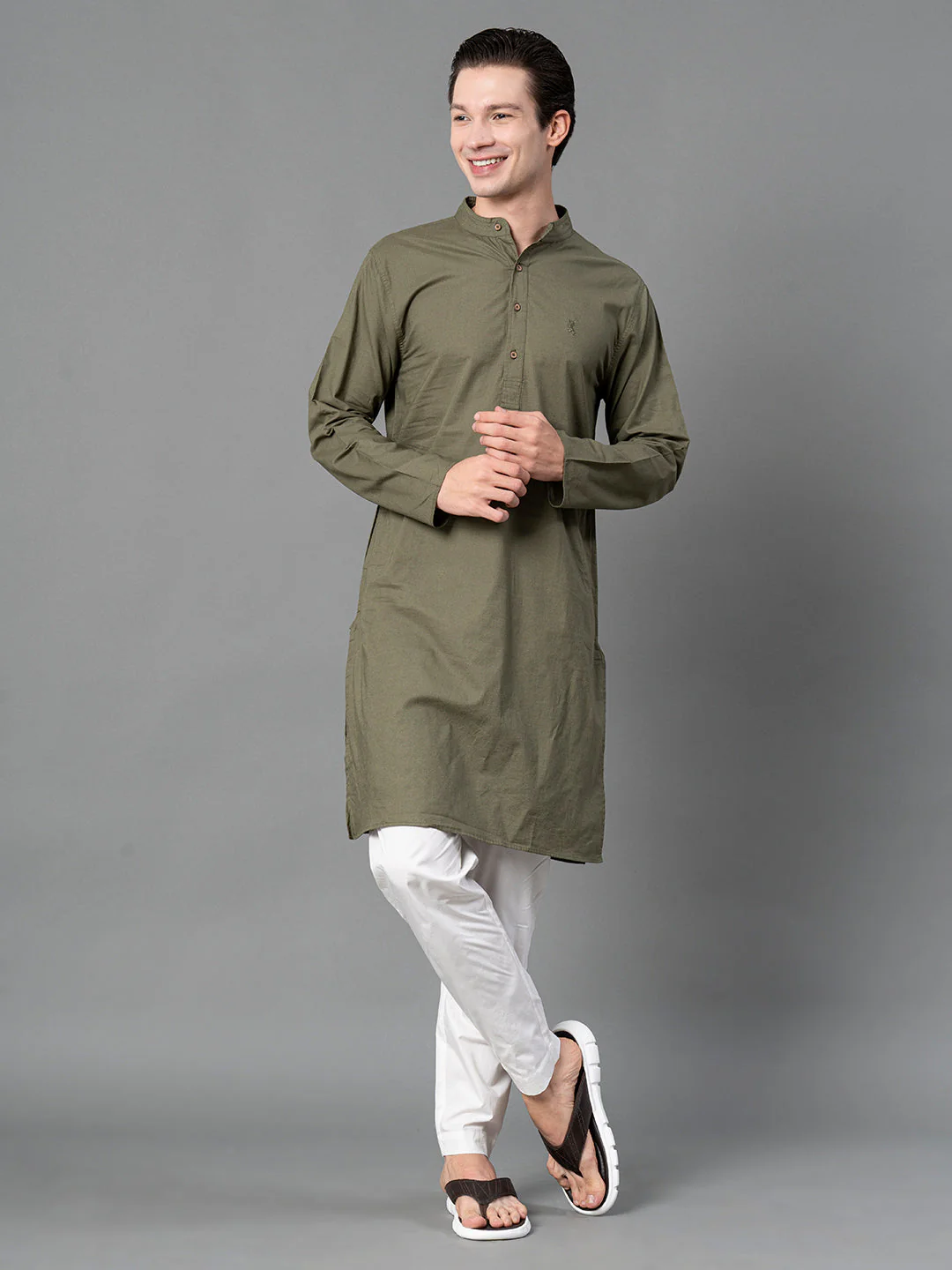 Solid Olive Mid-Length Kurta for Men - Image 5