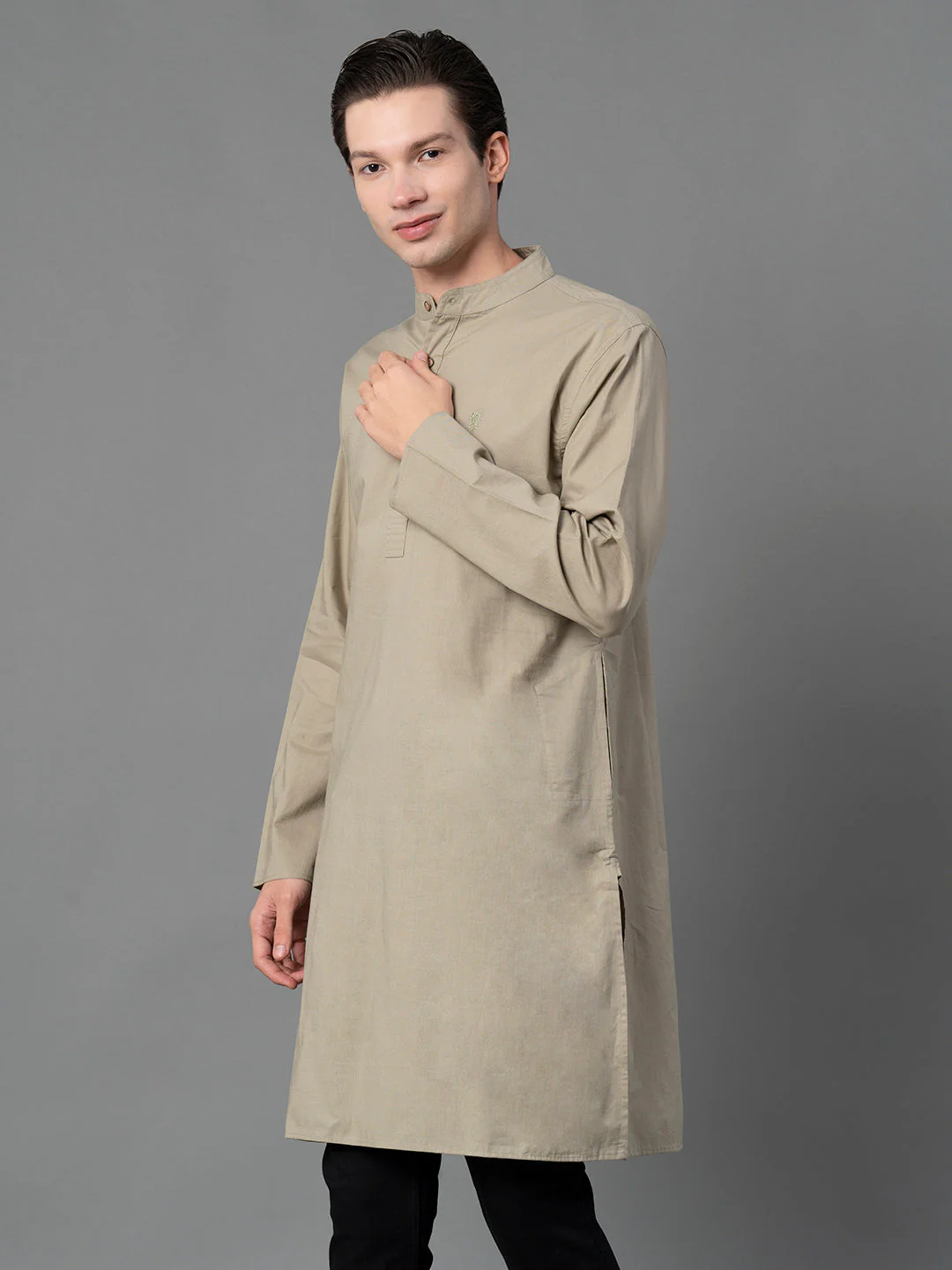 Solid Pastel Green Mid-Length Kurta for Men - Image 2