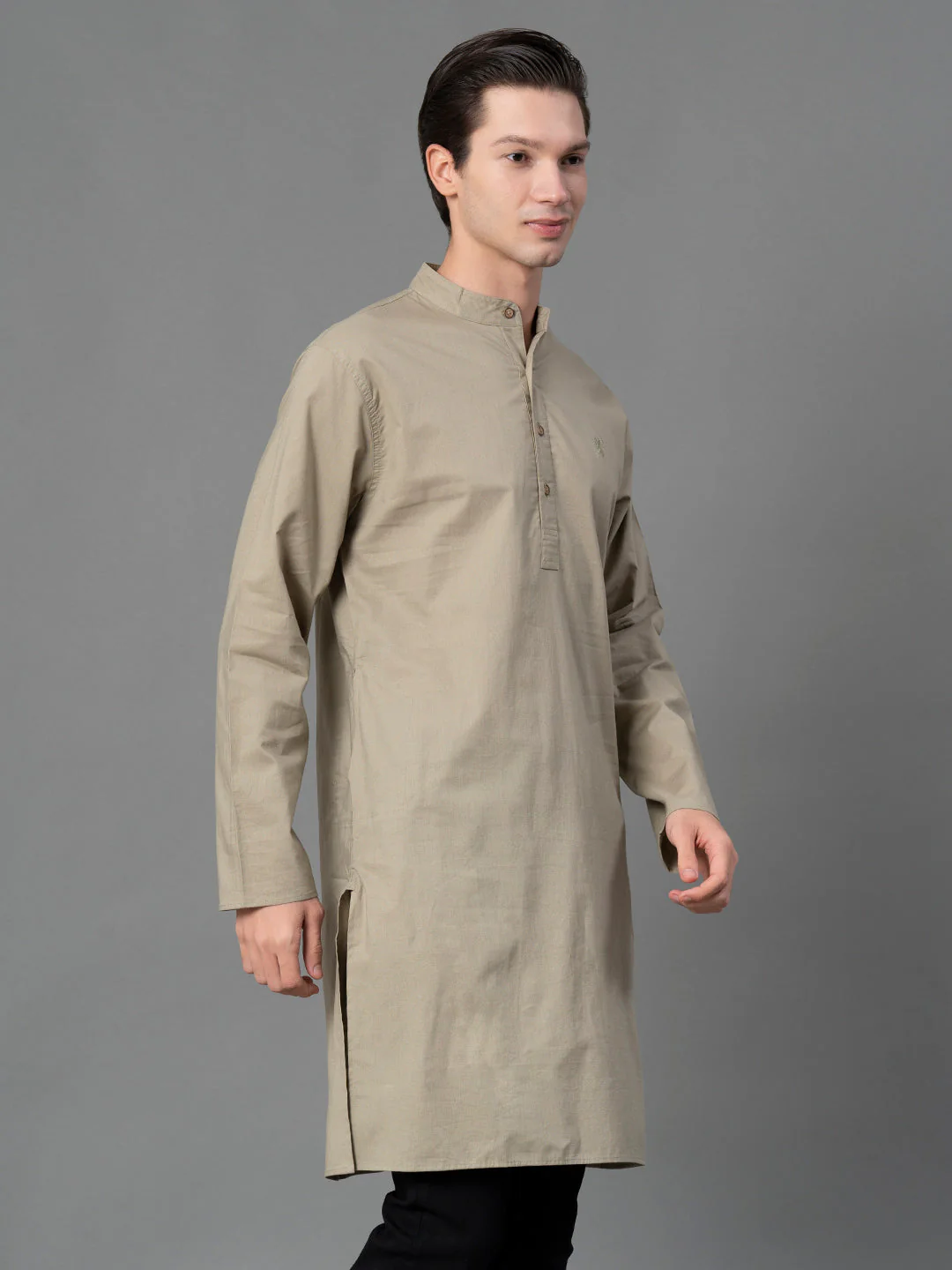 Solid Pastel Green Mid-Length Kurta for Men - Image 5