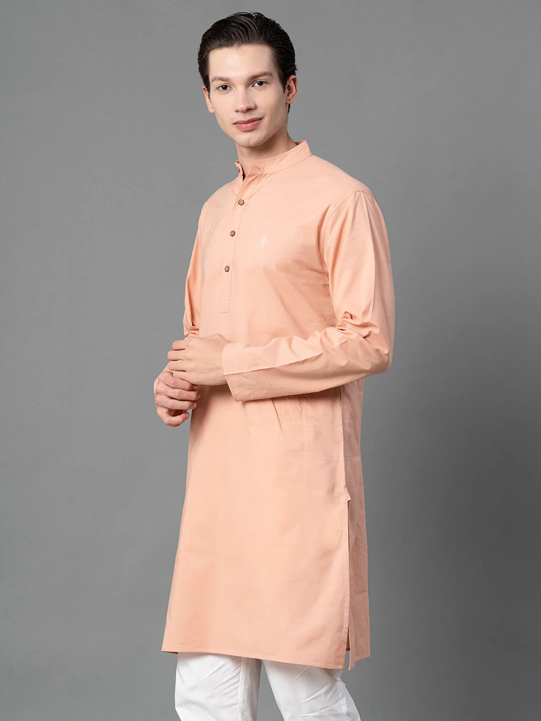 Solid Peach Mid-Length Kurta for Men - Image 2