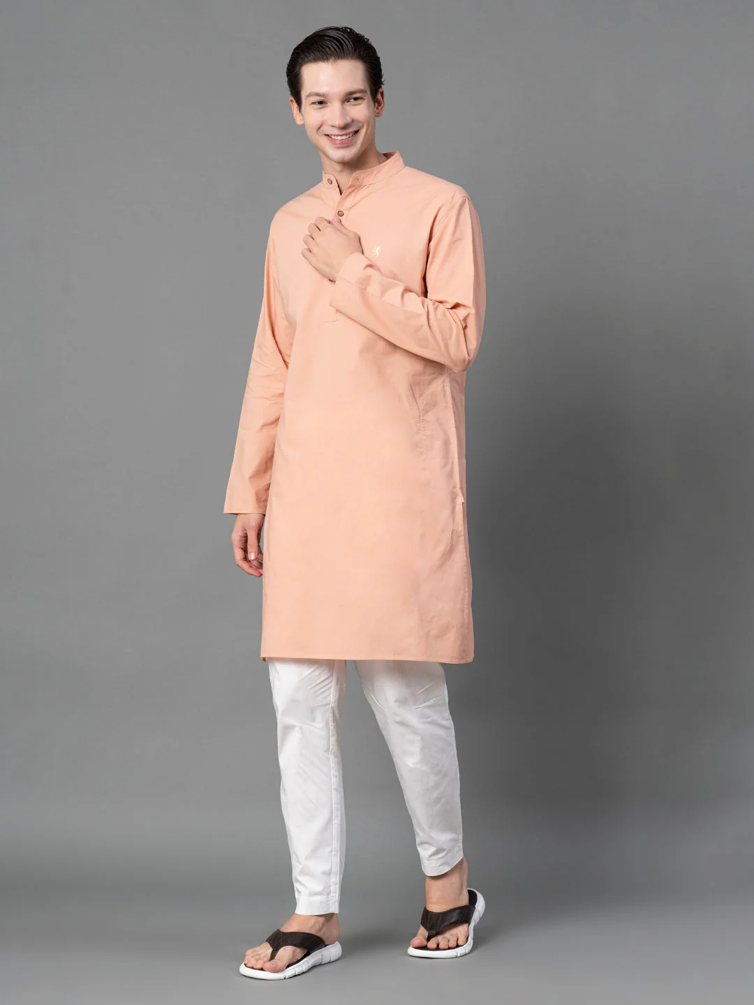 Solid Peach Mid-Length Kurta for Men - Image 5
