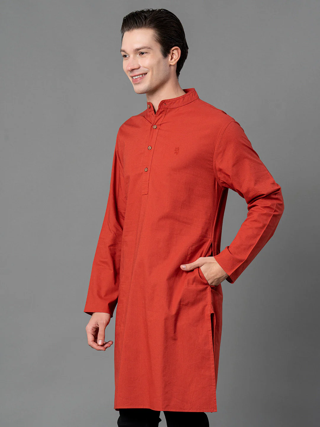 Solid Red Mid-Length Kurta for Men - Image 2