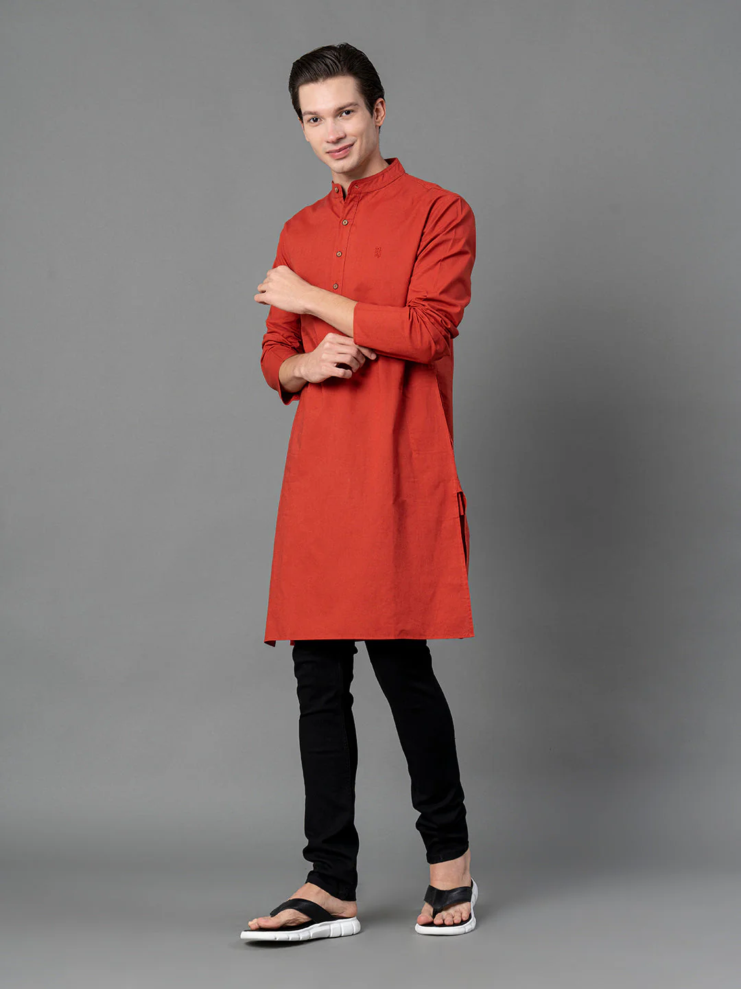 Solid Red Mid-Length Kurta for Men - Image 5