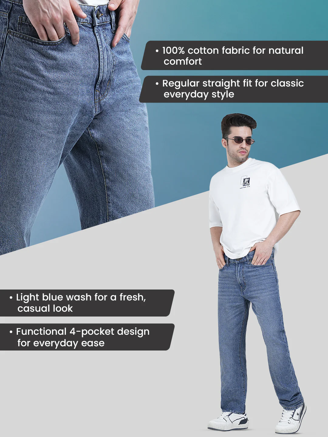 Straight Fit Light Blue Jeans for Men | Effortless Everyday Style - Image 2