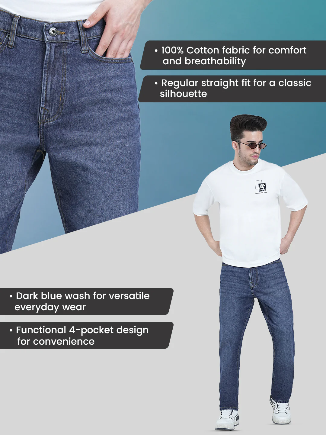 Straight Fit Dark Blue Jeans for Men | Everyday Classic Denim - Image 2