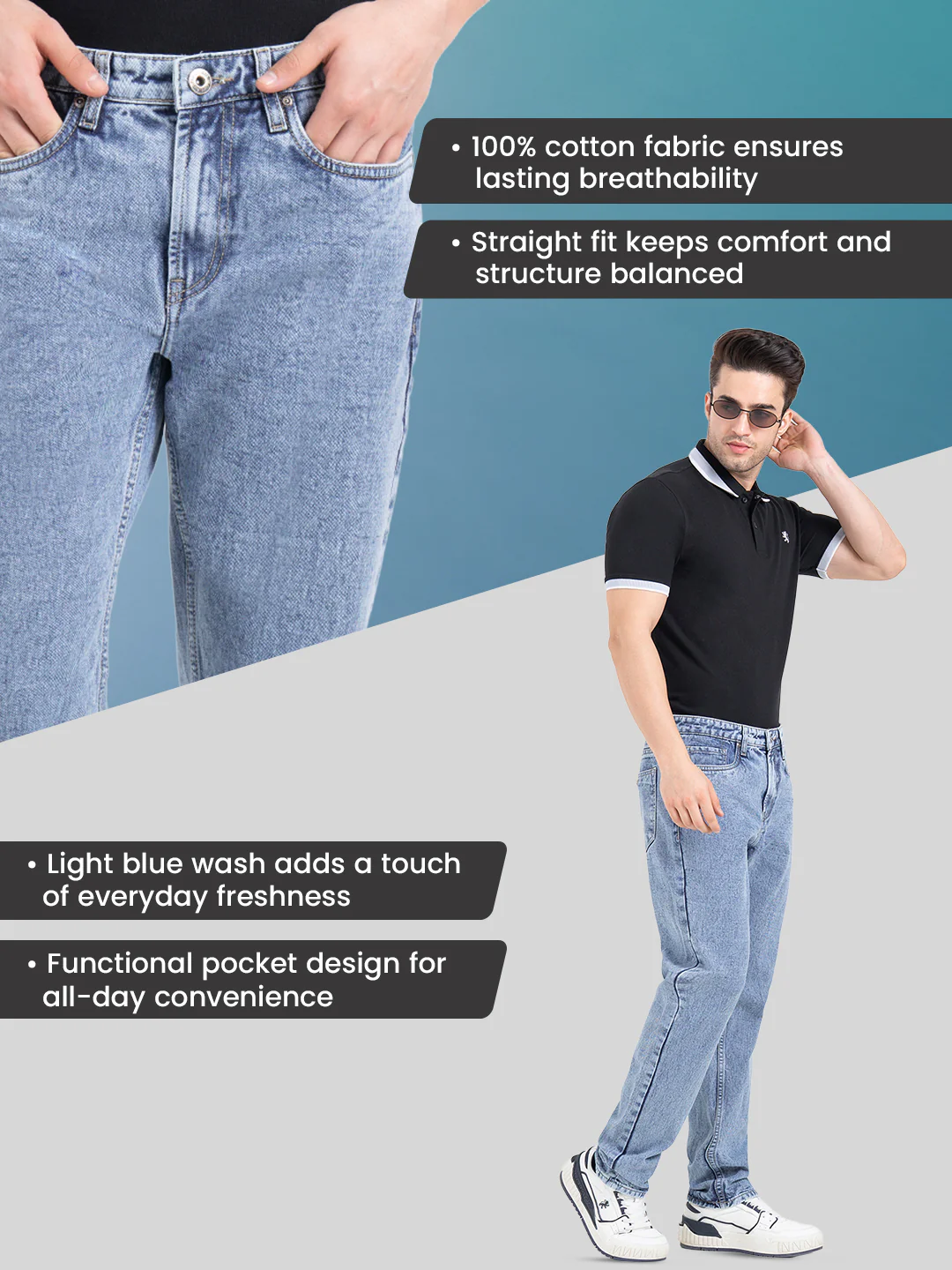 Straight Fit Light Blue Jeans for Men | Everyday Classic Denim - Image 2