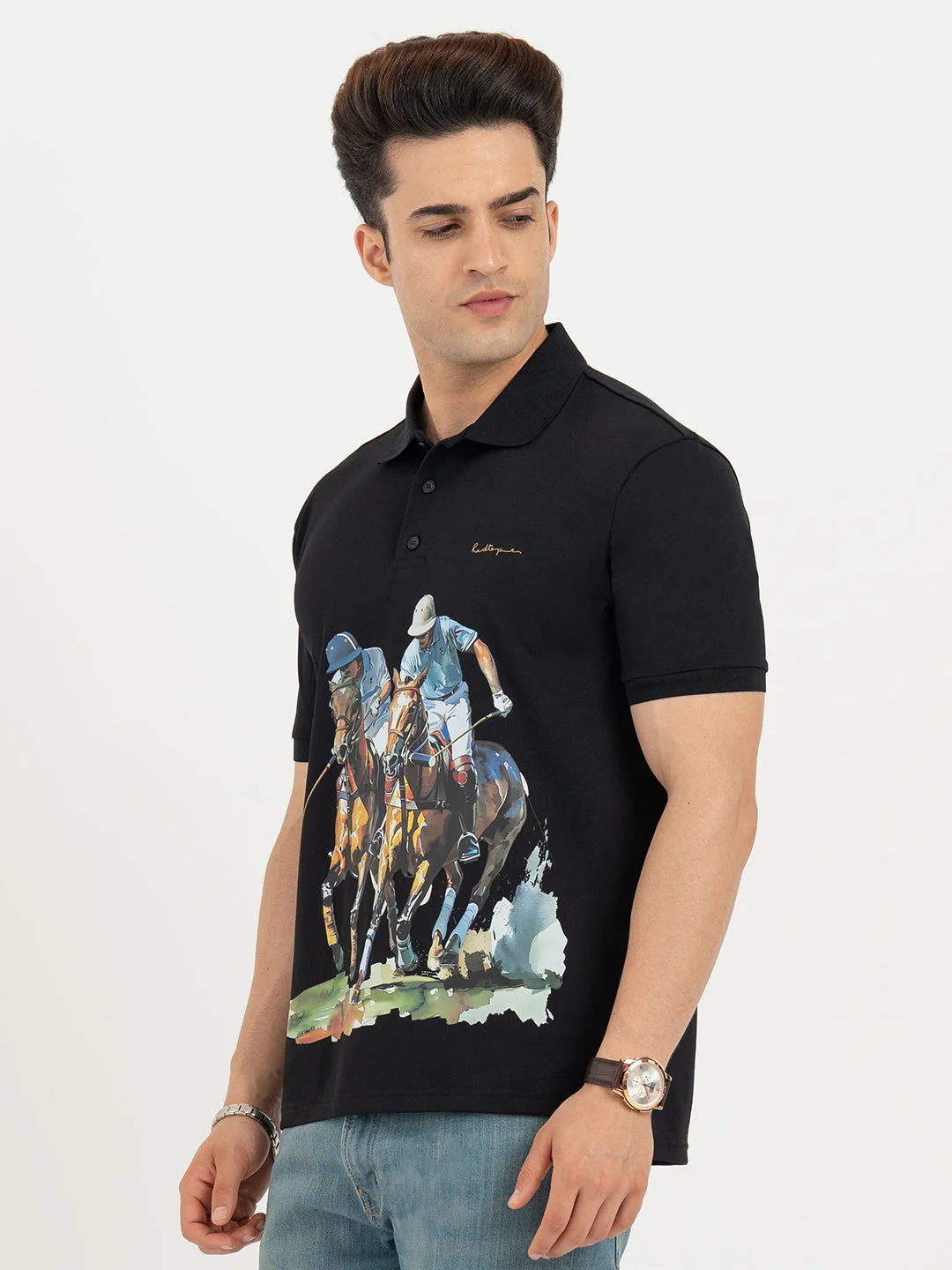 T Shirts for Men in Black | Horse Print Polo T Shirt - Image 2