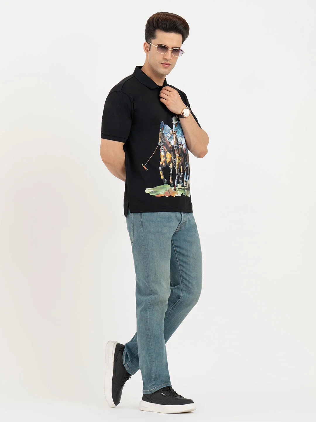 T Shirts for Men in Black | Horse Print Polo T Shirt - Image 5