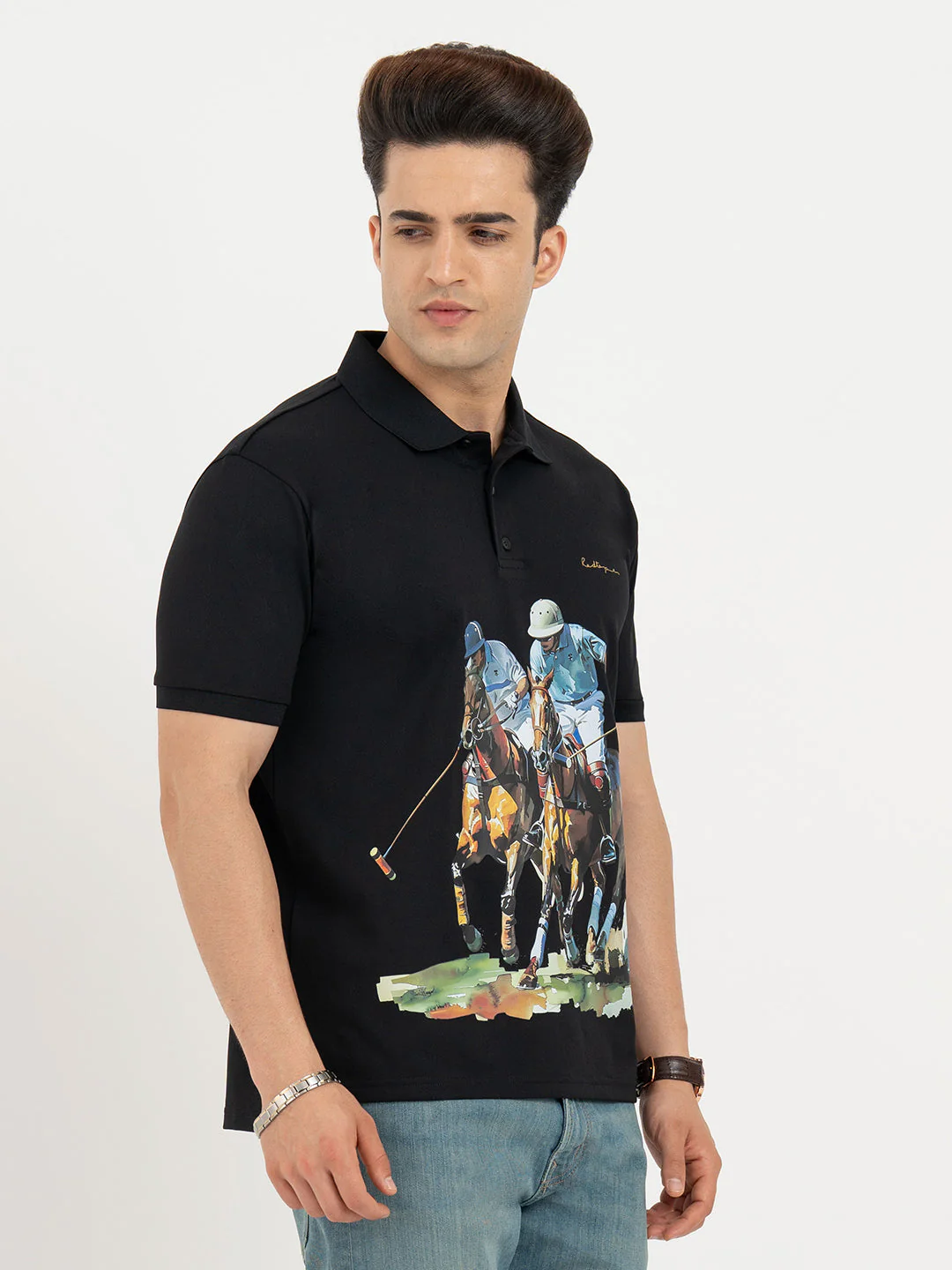 T Shirts for Men in Black | Horse Print Polo T Shirt - Image 6