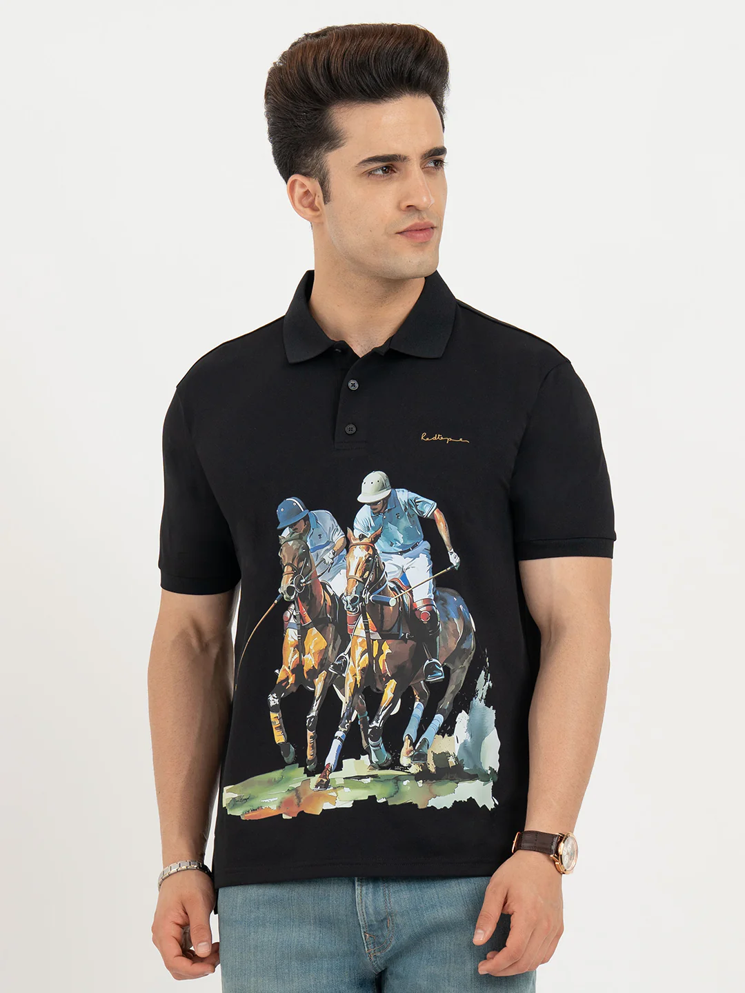 T Shirts for Men in Black | Horse Print Polo T Shirt - Image 7