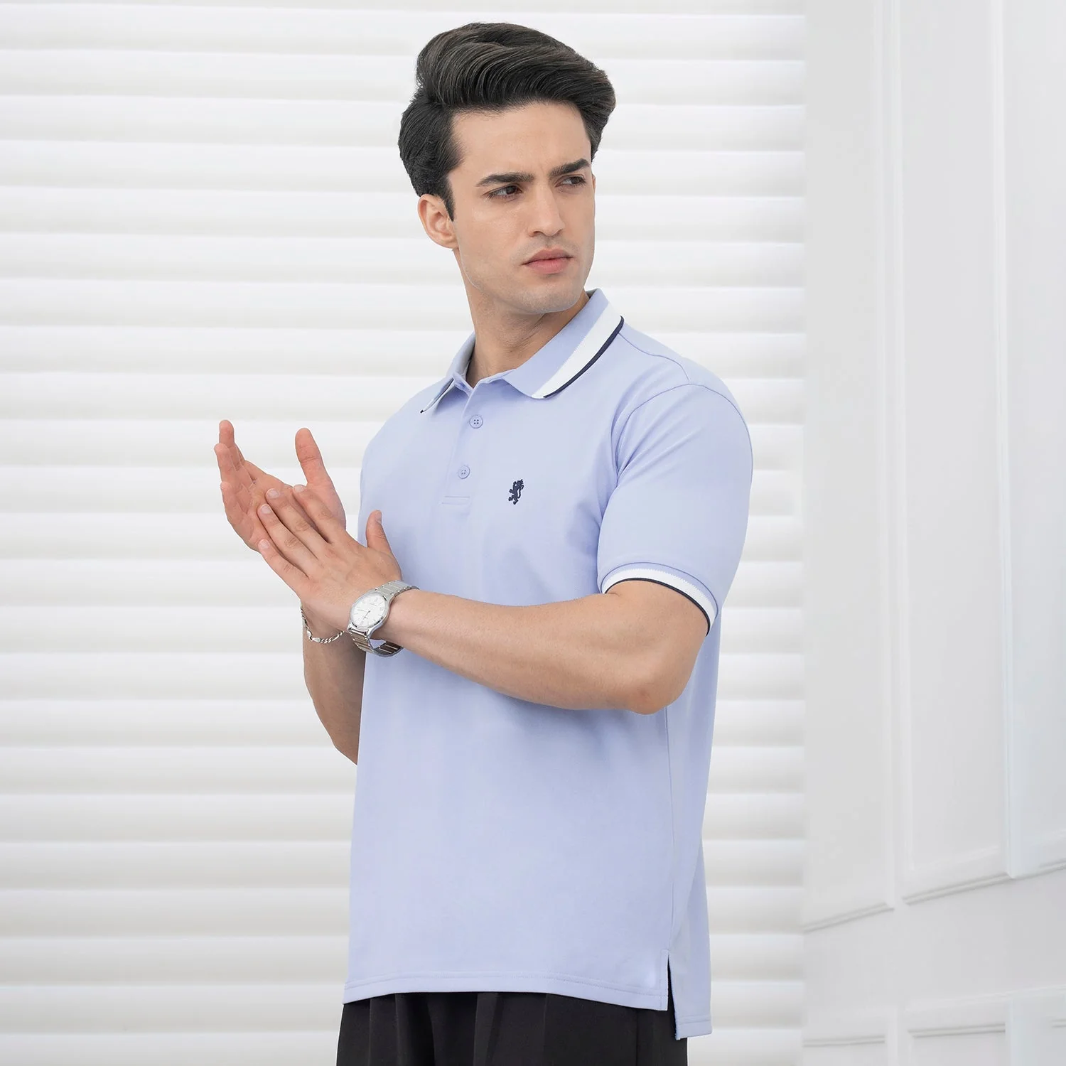 T Shirts for Men in Blue | Jacquard Collar Polo T Shirt - Image 2