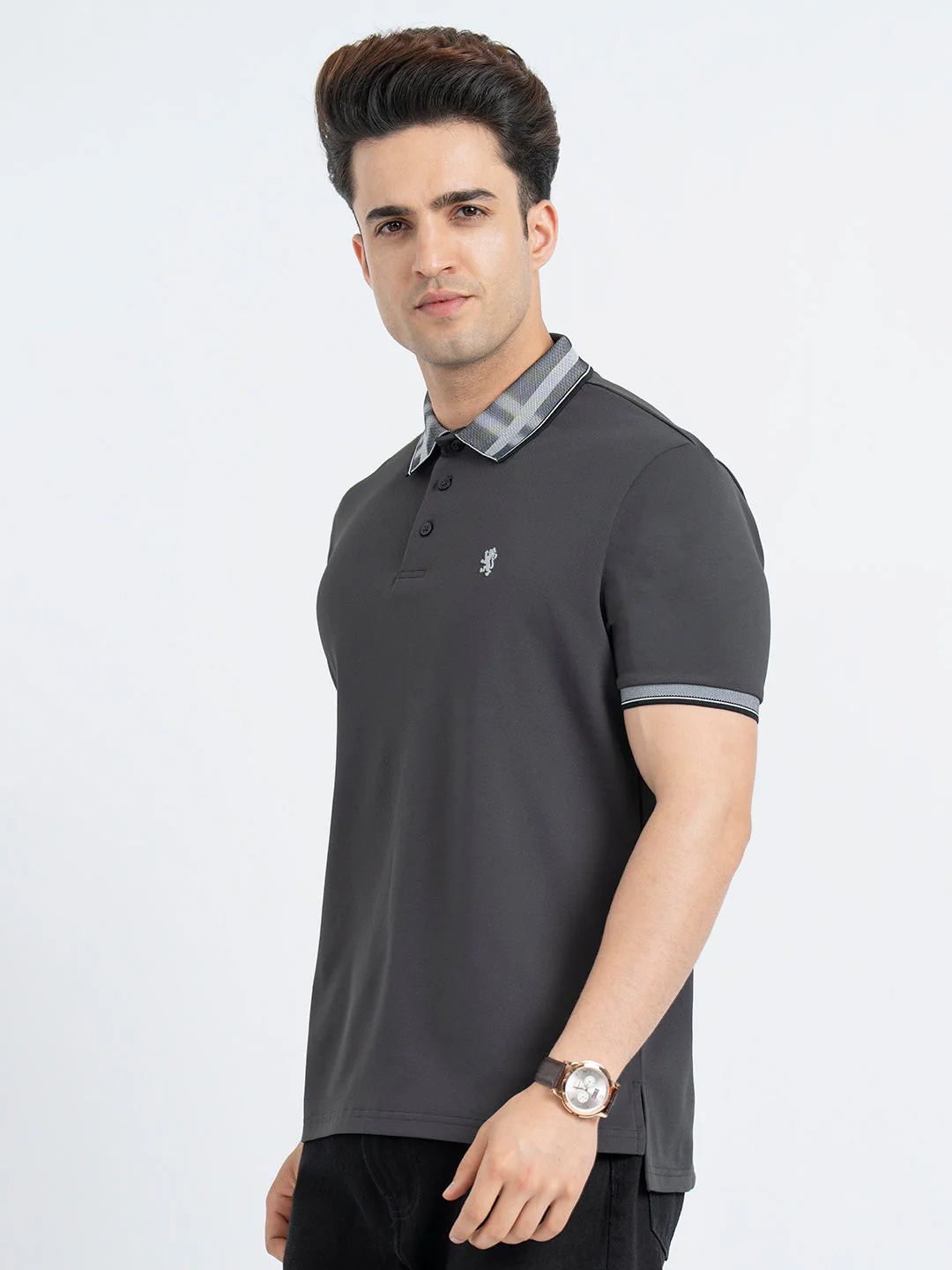 T Shirts for Men in Charcoal Grey | Jacquard Polo T Shirt - Image 2