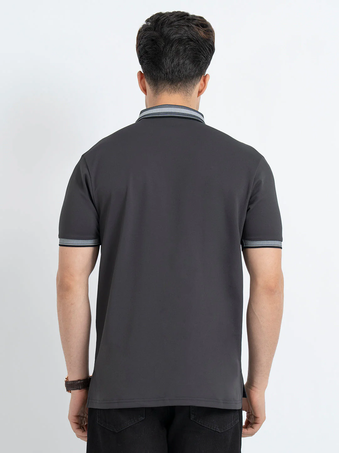 T Shirts for Men in Charcoal Grey | Jacquard Polo T Shirt - Image 3