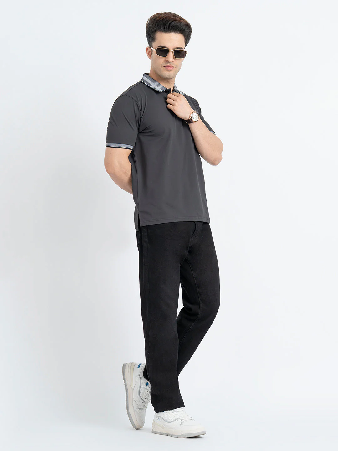 T Shirts for Men in Charcoal Grey | Jacquard Polo T Shirt - Image 5