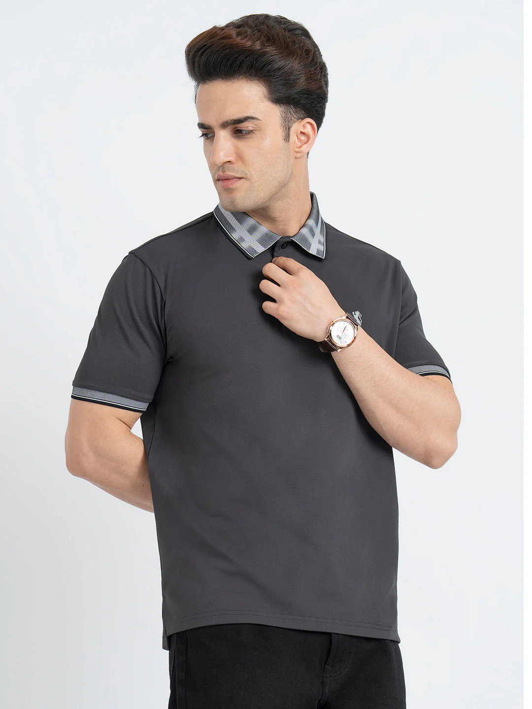 T Shirts for Men in Charcoal Grey | Jacquard Polo T Shirt - Image 6