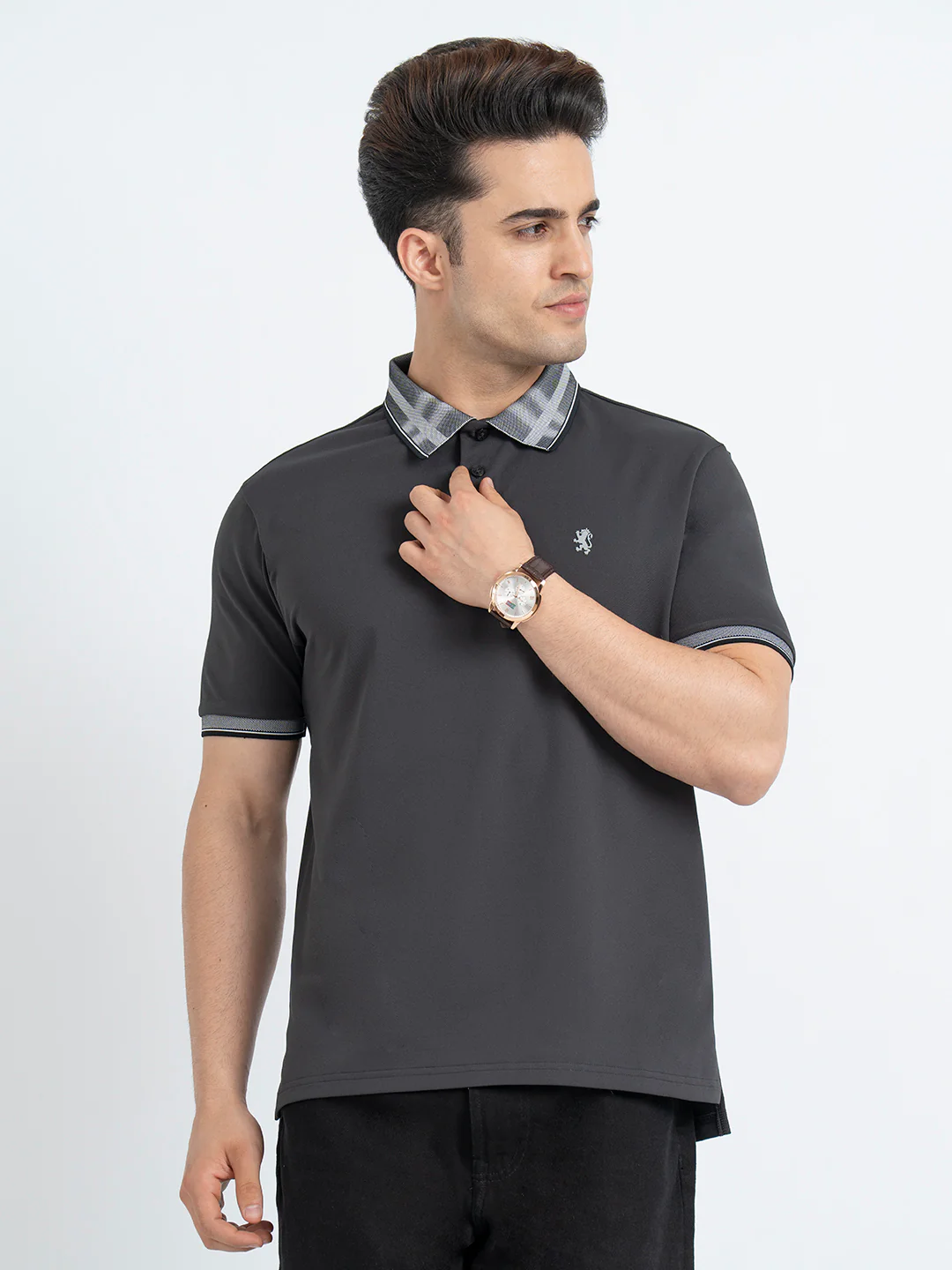 T Shirts for Men in Charcoal Grey | Jacquard Polo T Shirt - Image 7