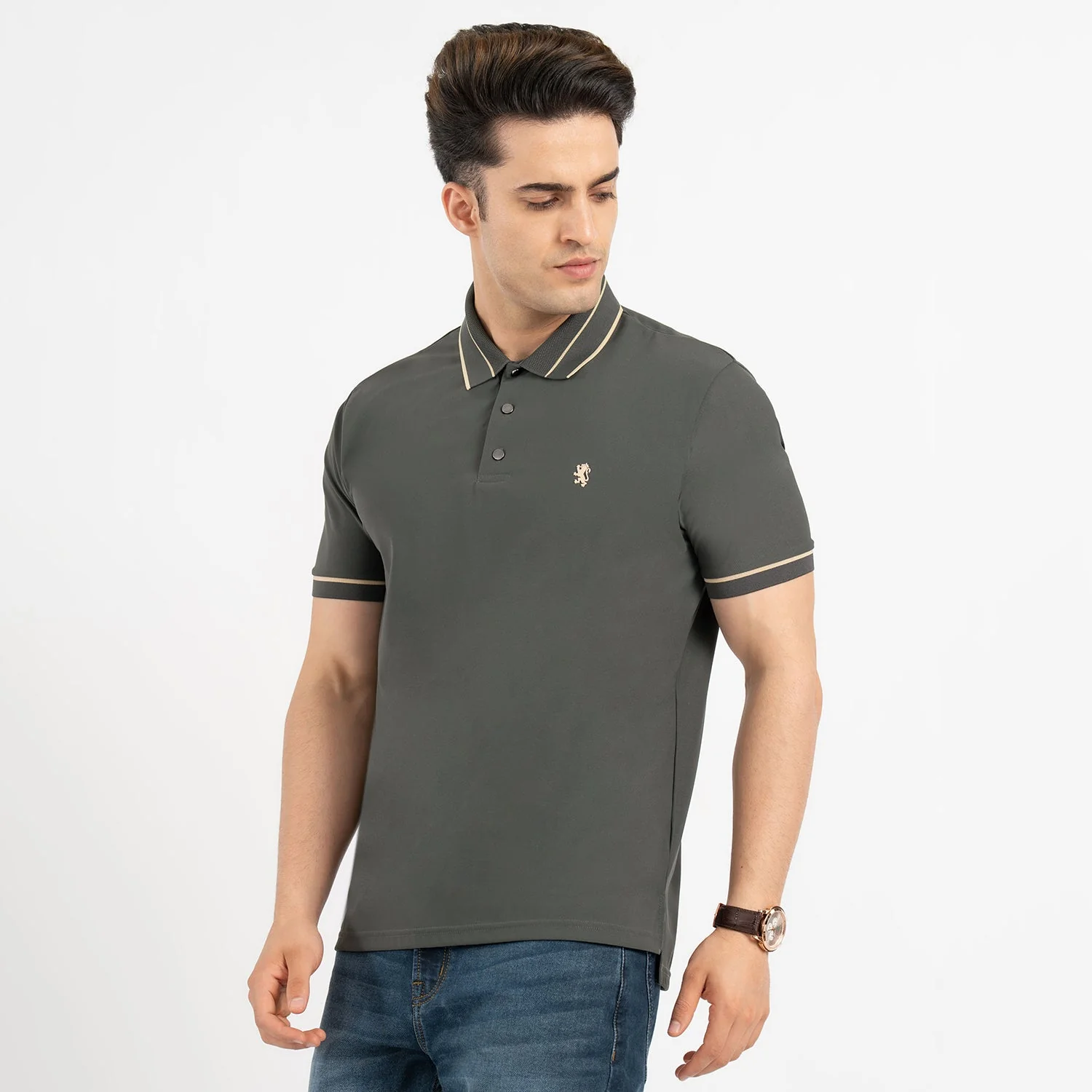 T Shirts for Men in Dark Olive | Nylon Spandex Polo T Shirt - Image 2