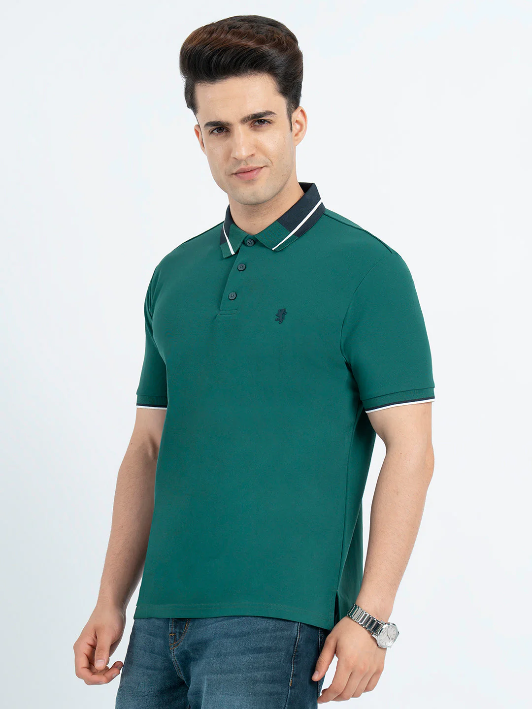 T Shirts for Men in Forest Green | Jacquard Collar Polo T Shirt - Image 2