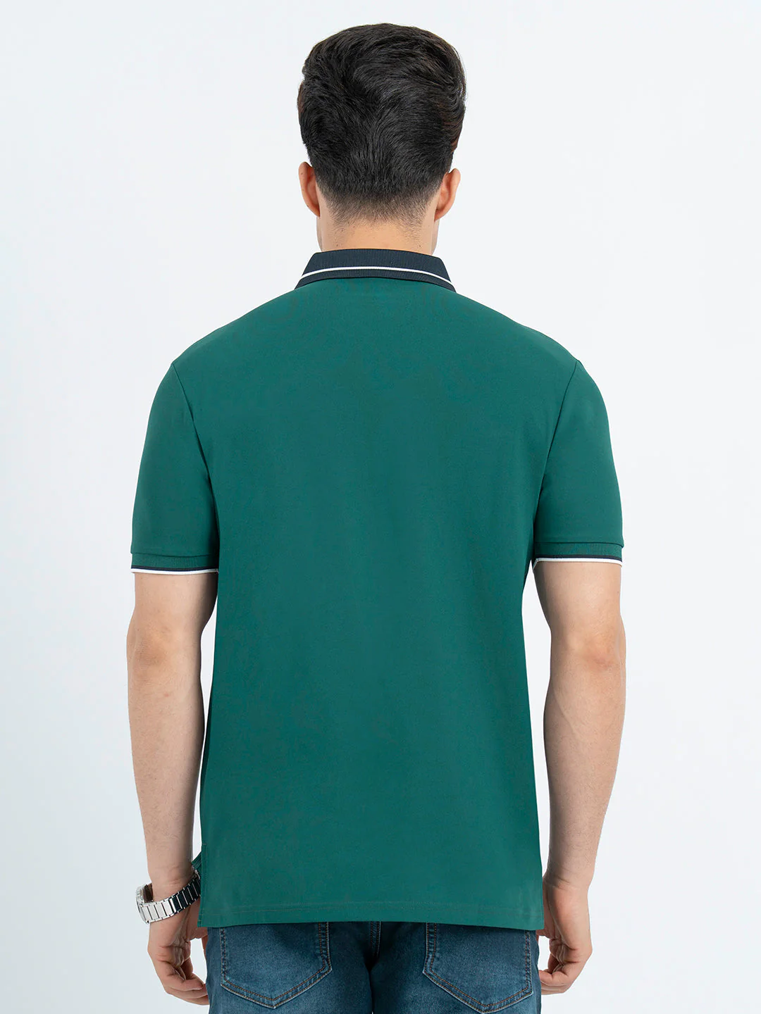 T Shirts for Men in Forest Green | Jacquard Collar Polo T Shirt - Image 3