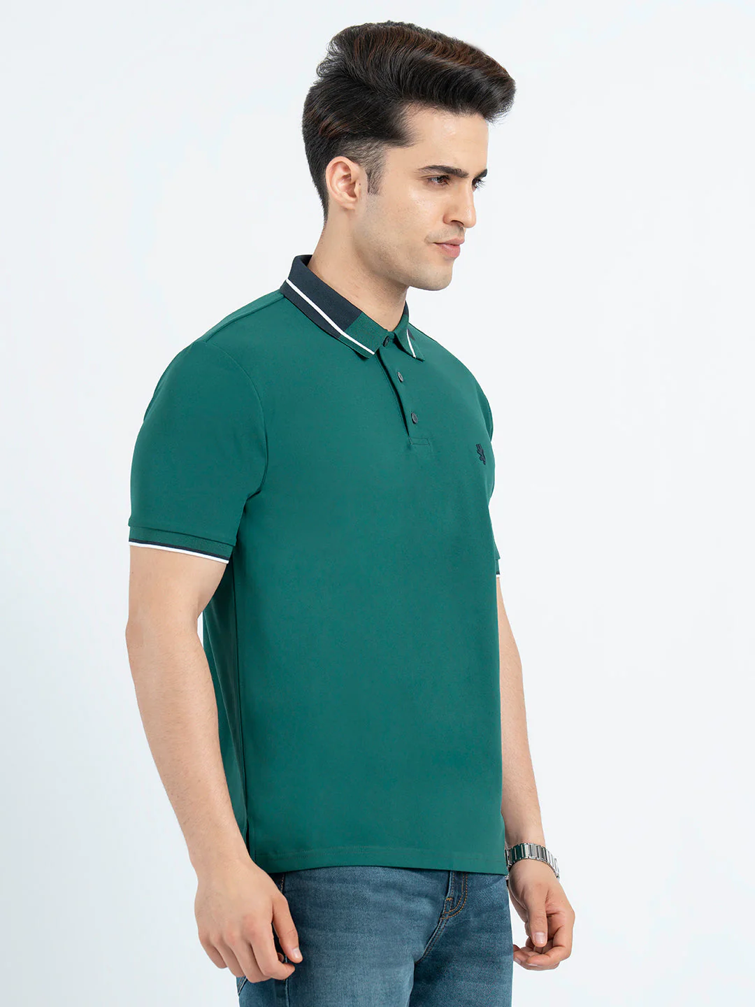 T Shirts for Men in Forest Green | Jacquard Collar Polo T Shirt - Image 6