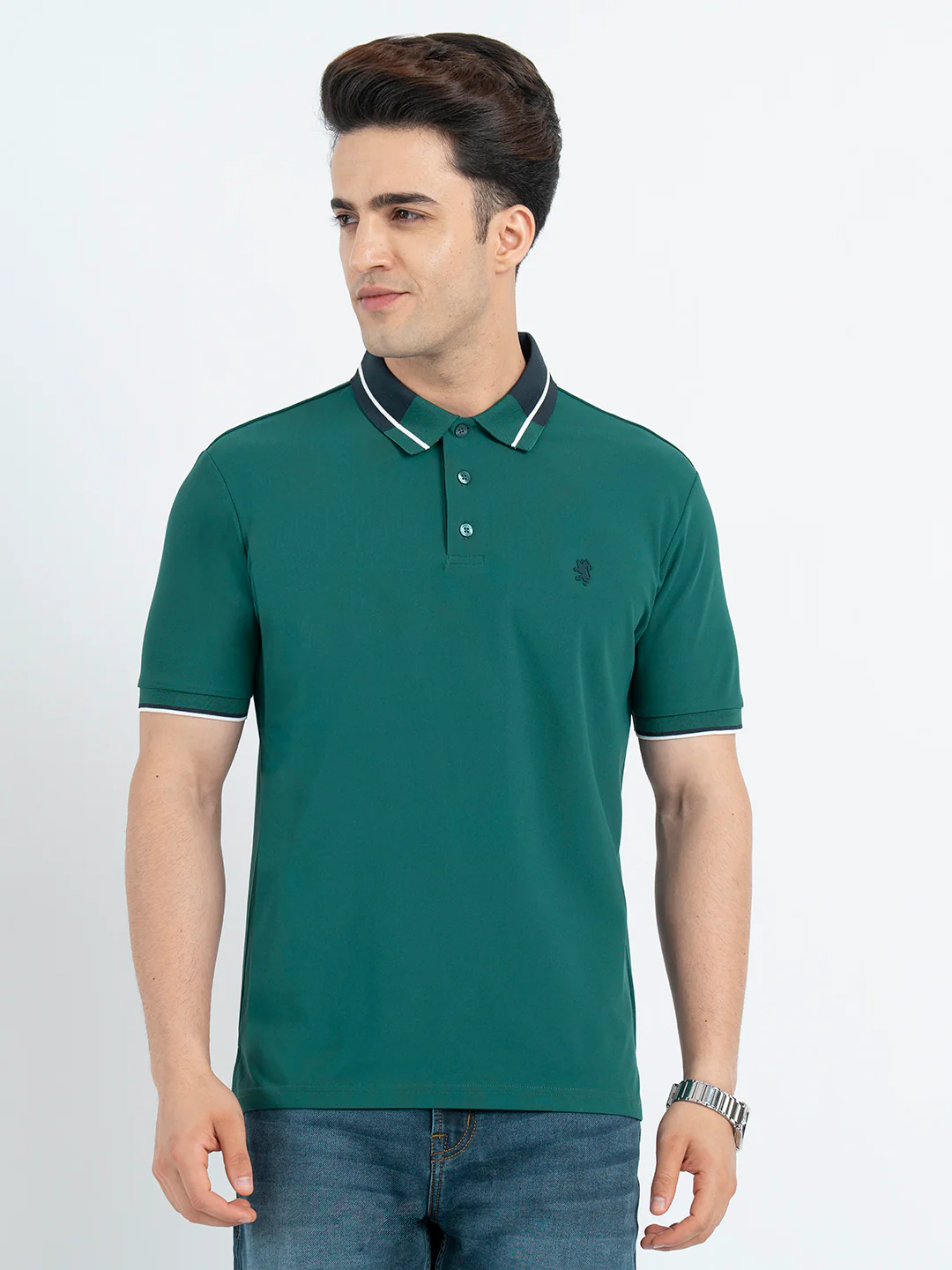 T Shirts for Men in Forest Green | Jacquard Collar Polo T Shirt - Image 7