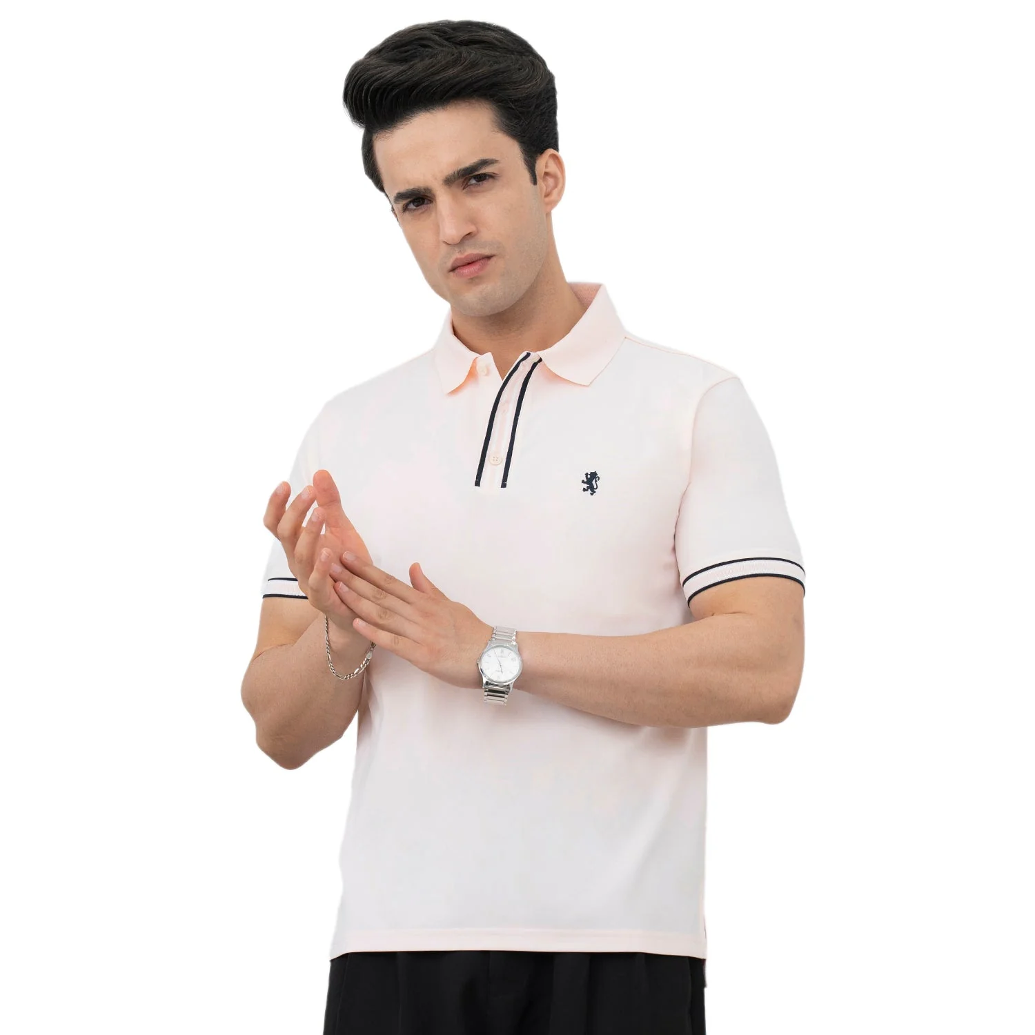 T Shirts for Men in Pastel Pink | Jacquard Placket Polo T Shirt - Image 2