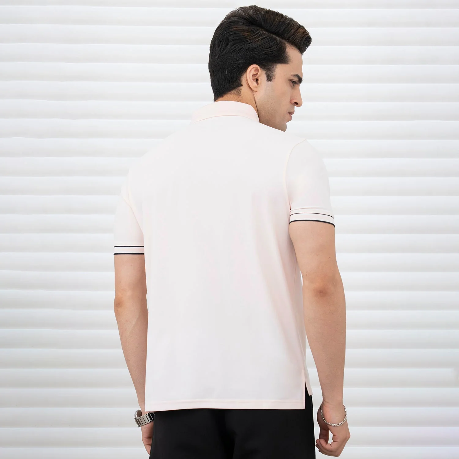 T Shirts for Men in Pastel Pink | Jacquard Placket Polo T Shirt - Image 3
