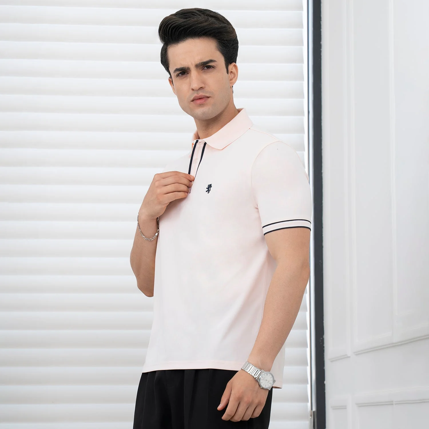 T Shirts for Men in Pastel Pink | Jacquard Placket Polo T Shirt - Image 5