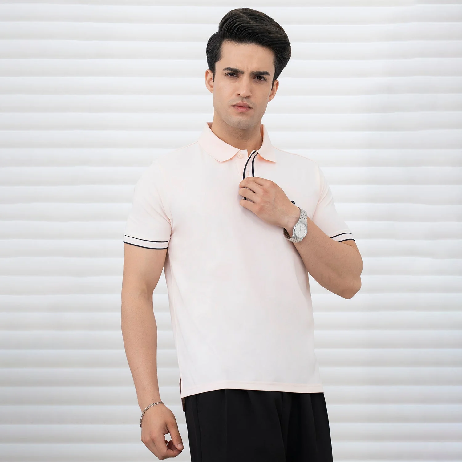 T Shirts for Men in Pastel Pink | Jacquard Placket Polo T Shirt - Image 6