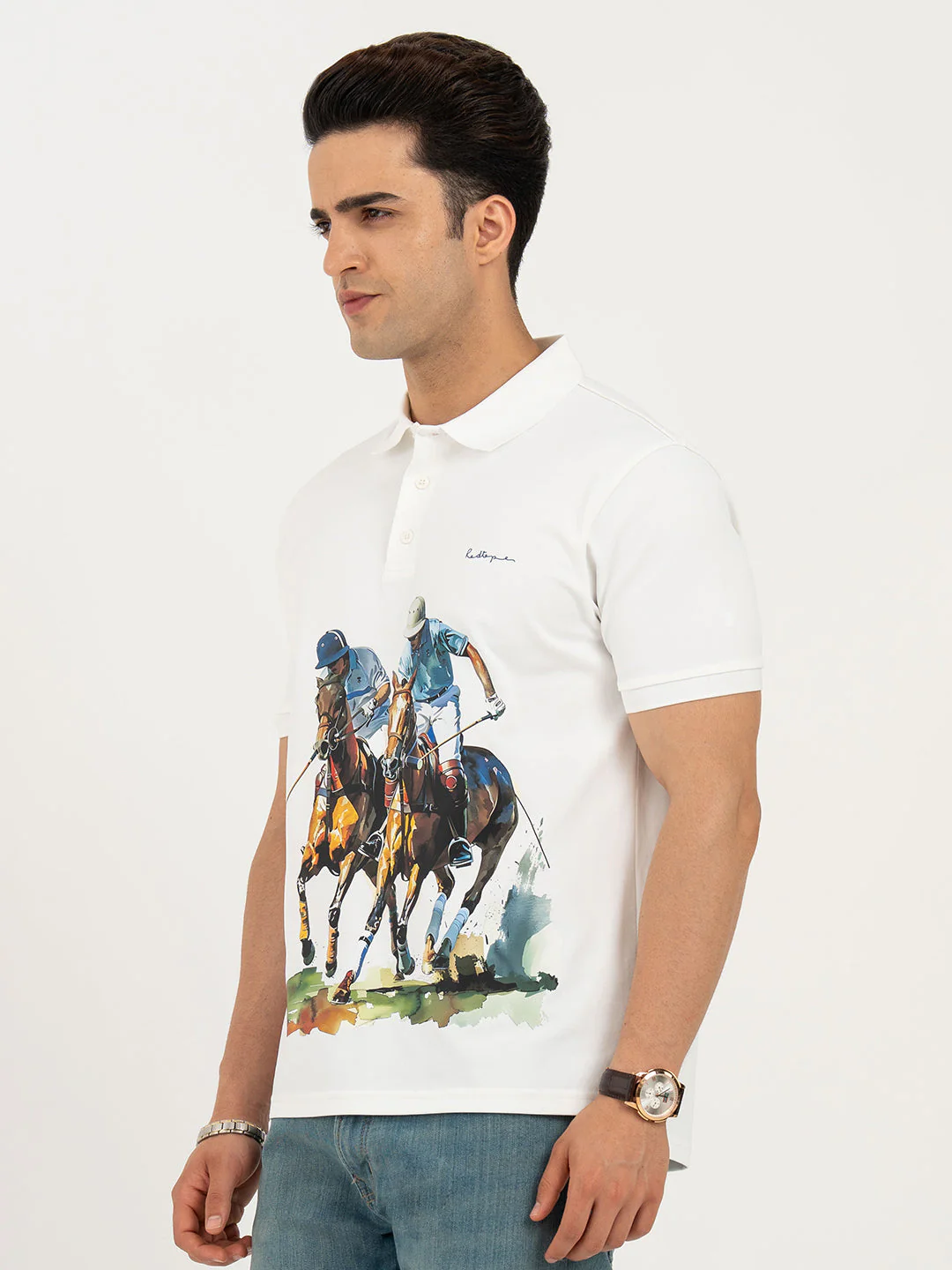 T Shirts for Men in White | Horse Print Polo T Shirt - Image 2