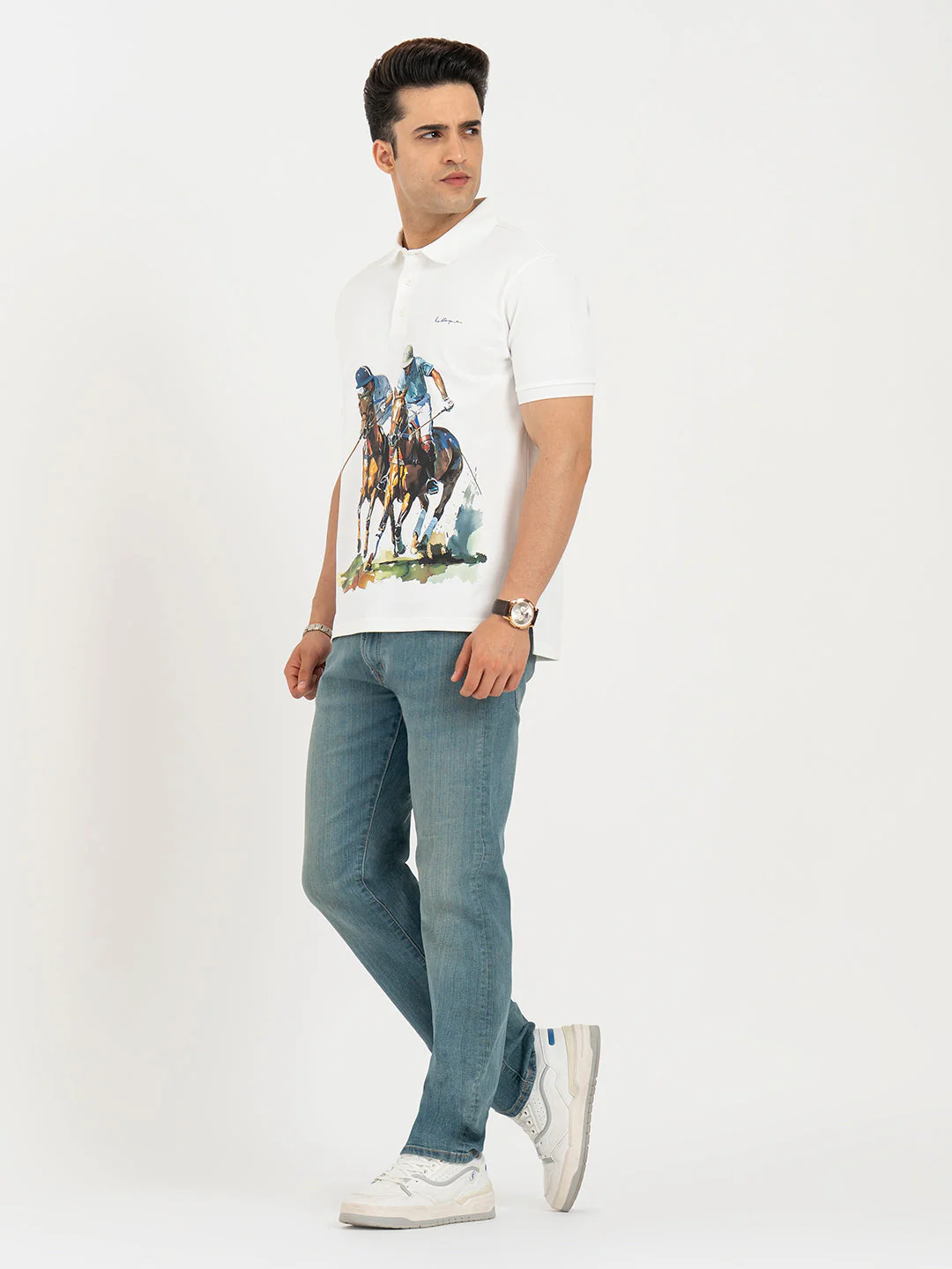 T Shirts for Men in White | Horse Print Polo T Shirt - Image 5
