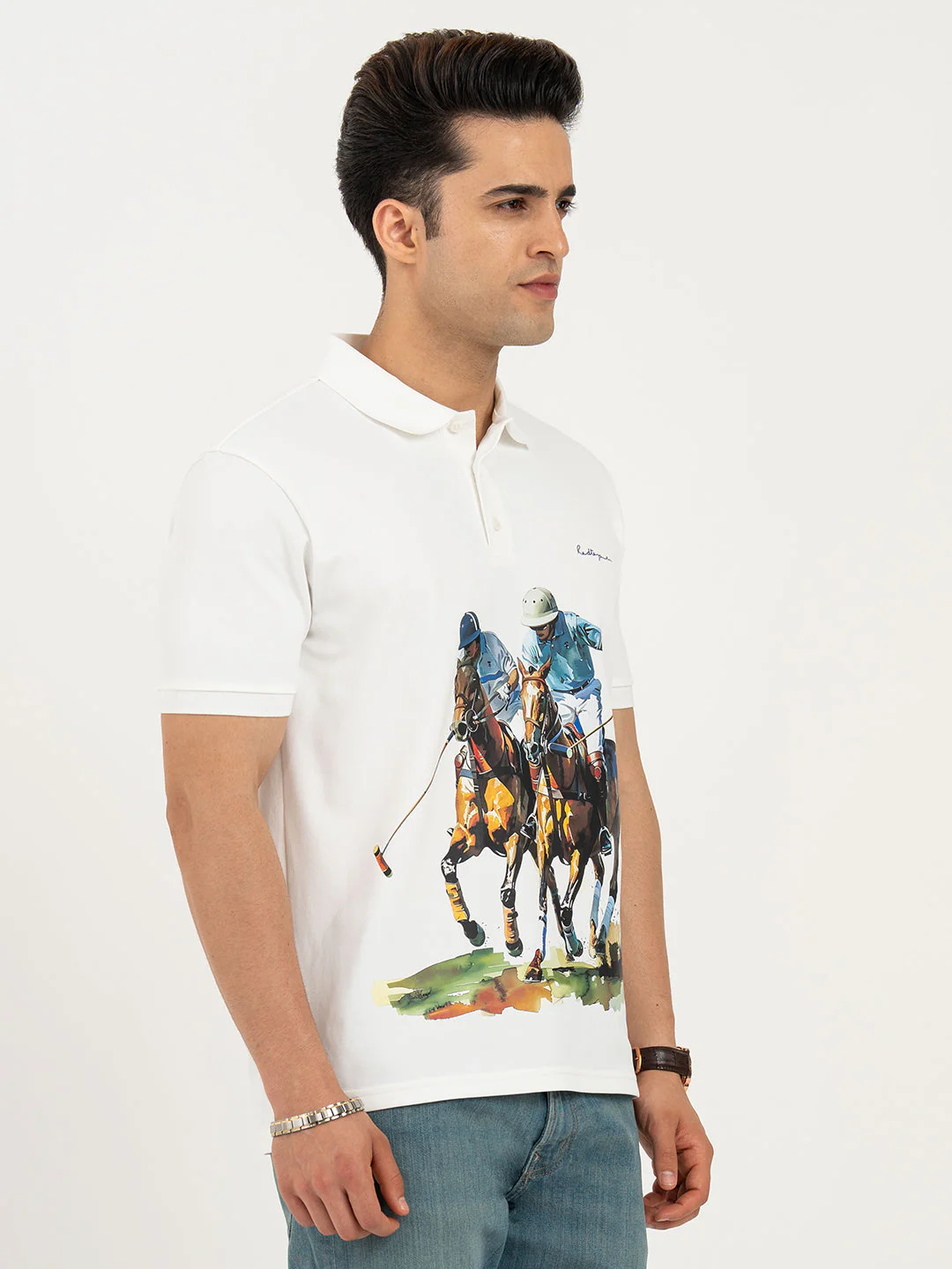 T Shirts for Men in White | Horse Print Polo T Shirt - Image 6
