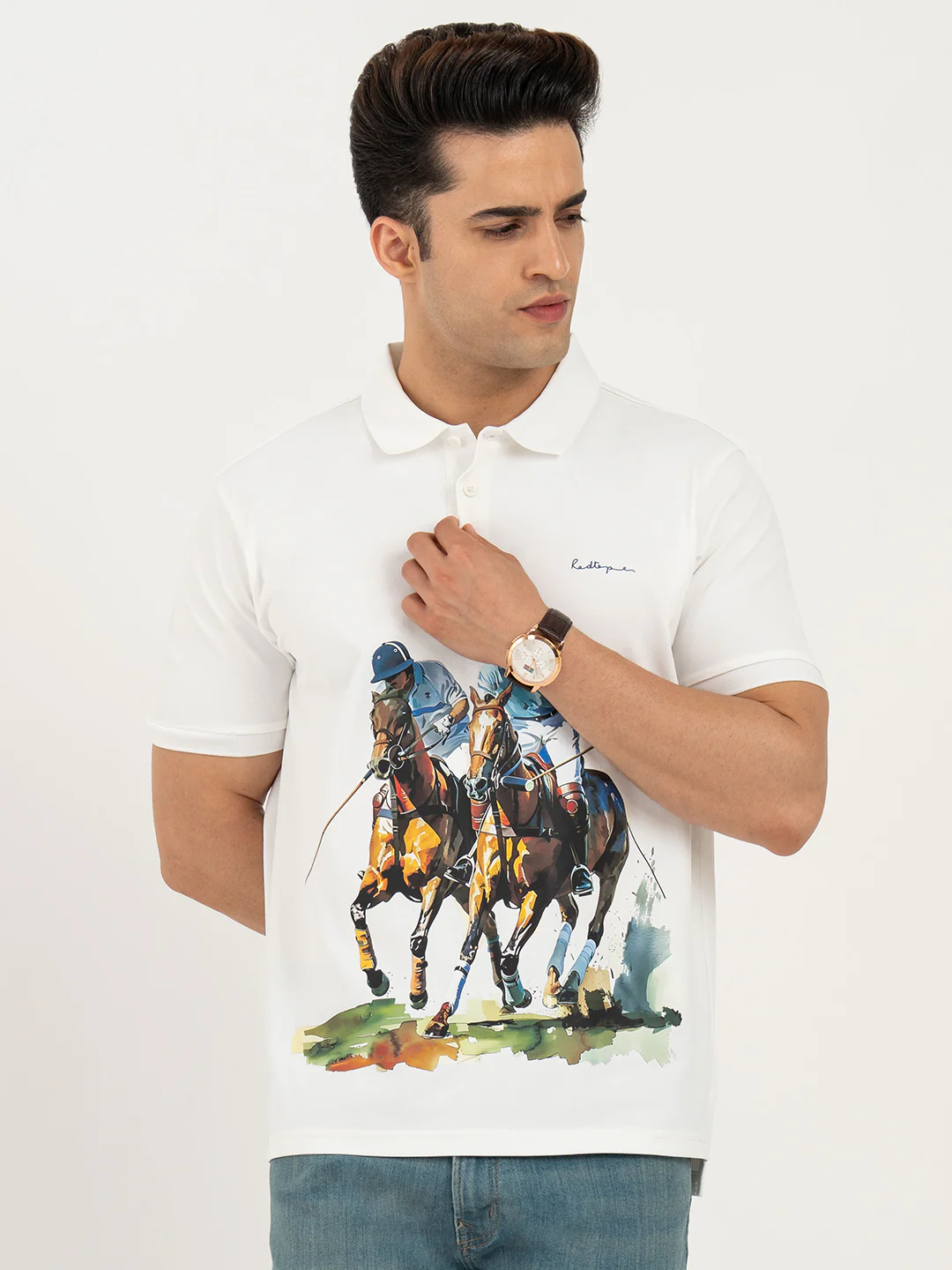 T Shirts for Men in White | Horse Print Polo T Shirt - Image 7