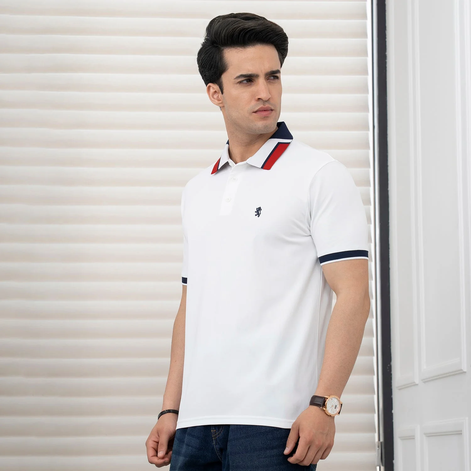 T Shirts for Men in White | Jacquard Collar Polo T Shirt - Image 6