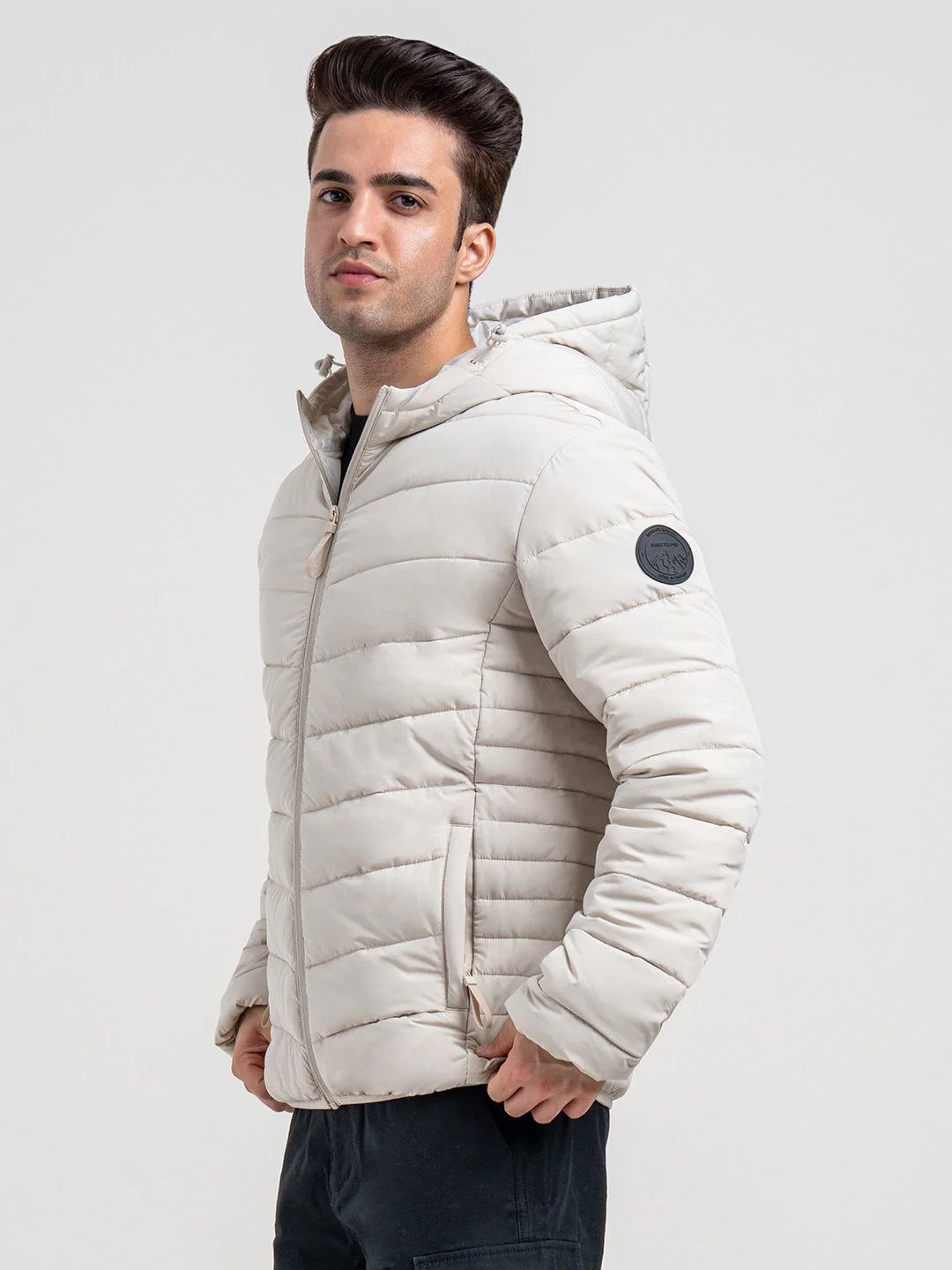 Mens Beige Hooded Winter Jacket | Classic Puffer Comfort - Image 3