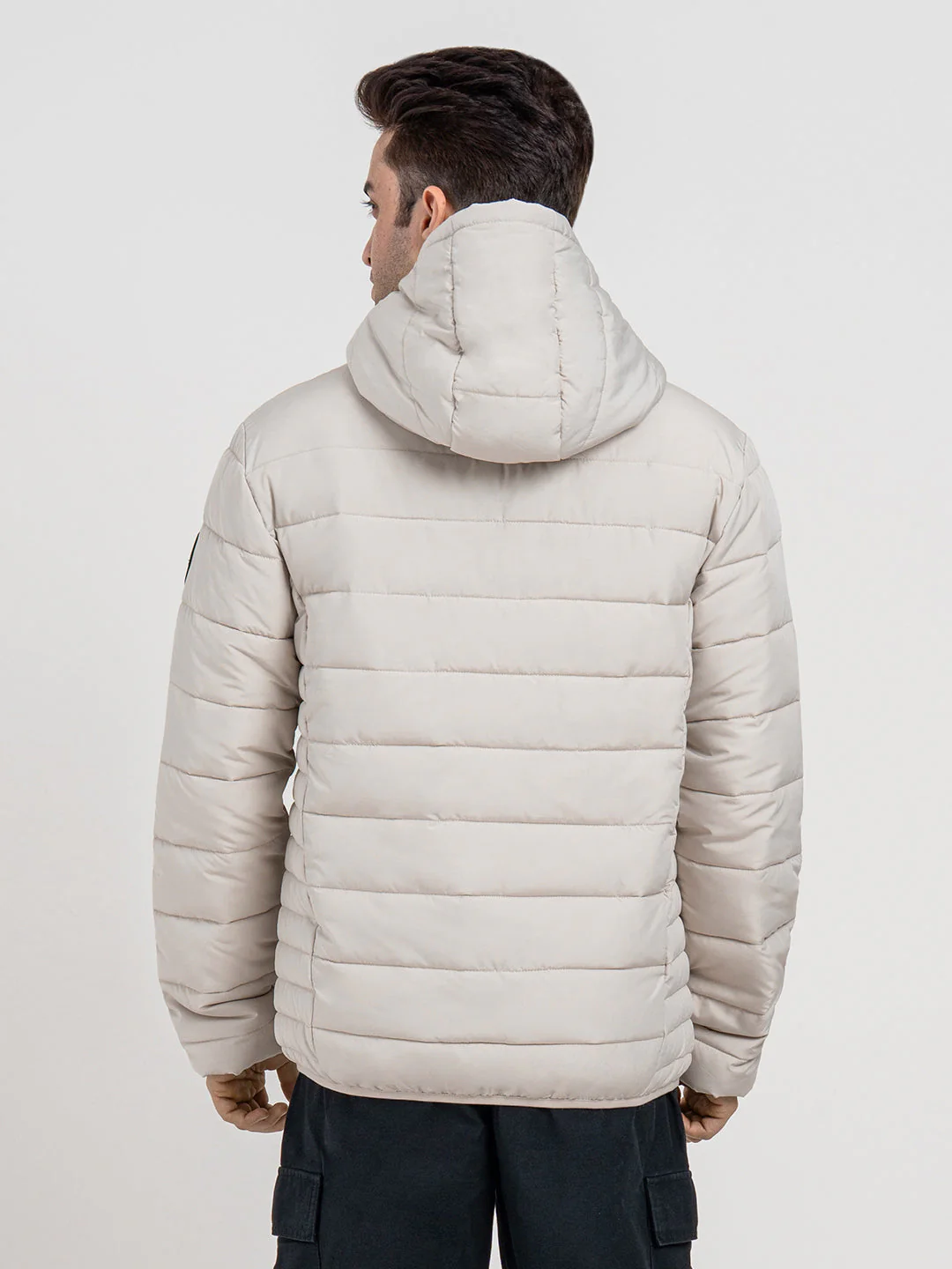 Mens Beige Hooded Winter Jacket | Classic Puffer Comfort - Image 4