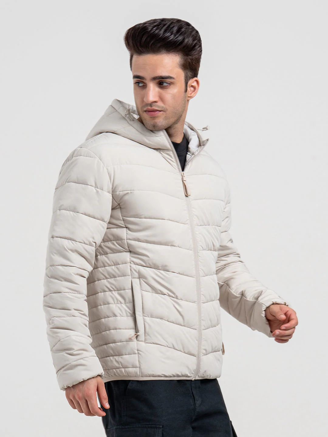 Mens Beige Hooded Winter Jacket | Classic Puffer Comfort - Image 6
