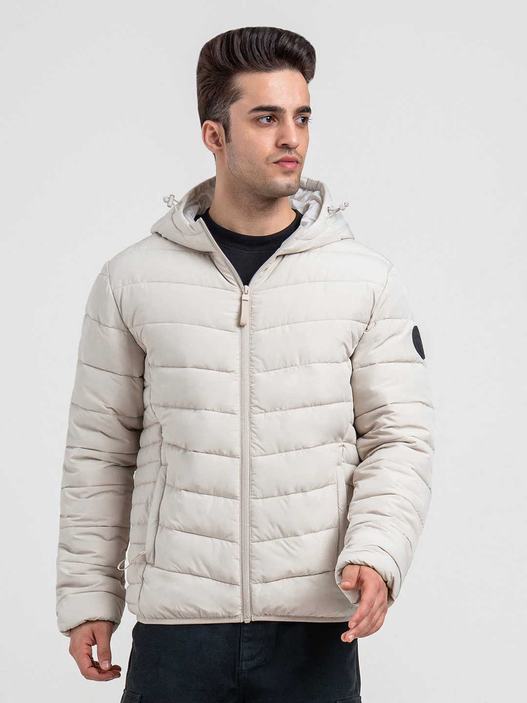 Mens Beige Hooded Winter Jacket | Classic Puffer Comfort - Image 7