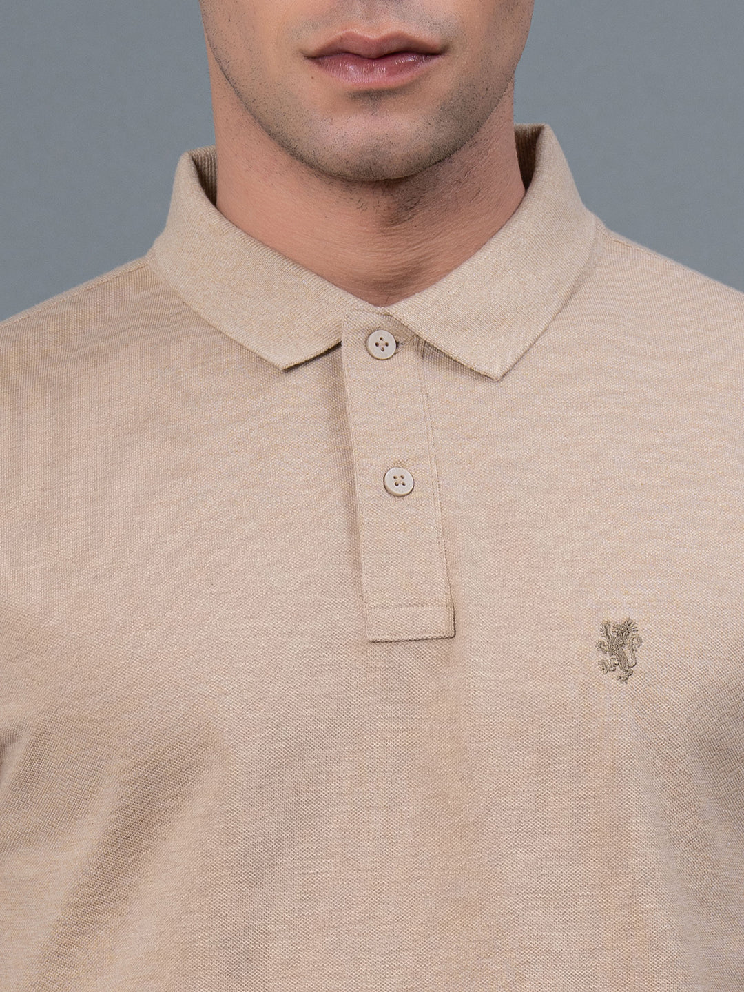 Beige Melange Men's Polo T-Shirt - Image 4
