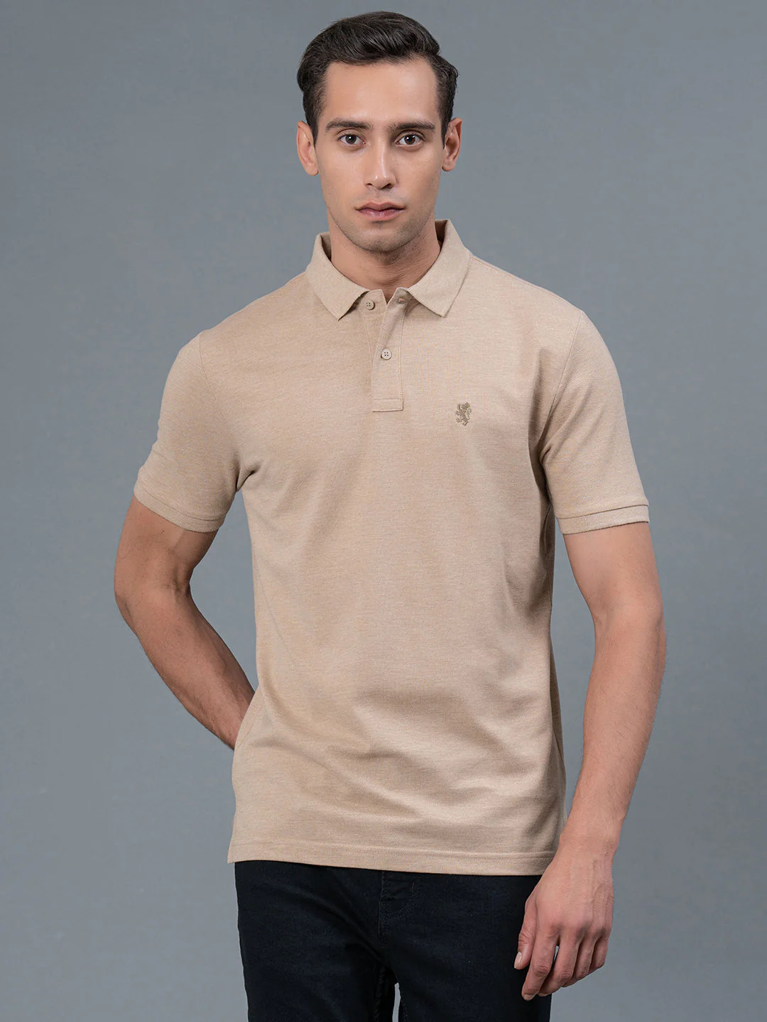 Beige Melange Men's Polo T-Shirt - Image 5