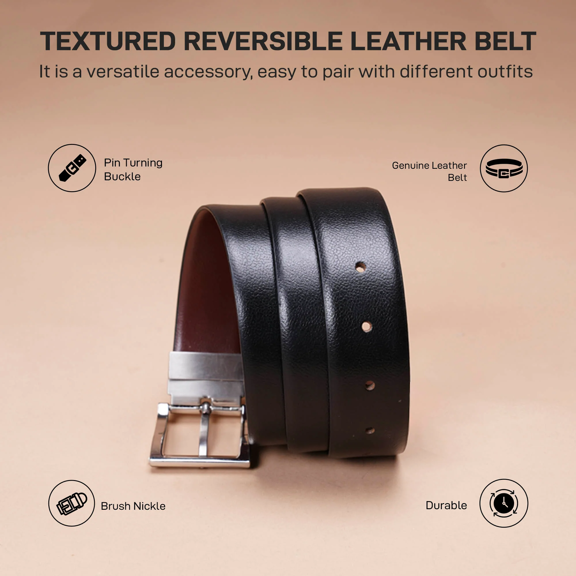 Black Brown Formal leather Belt for Men | Durable Leather Belt | TextuRed Leather Belt | Reversible - Image 3
