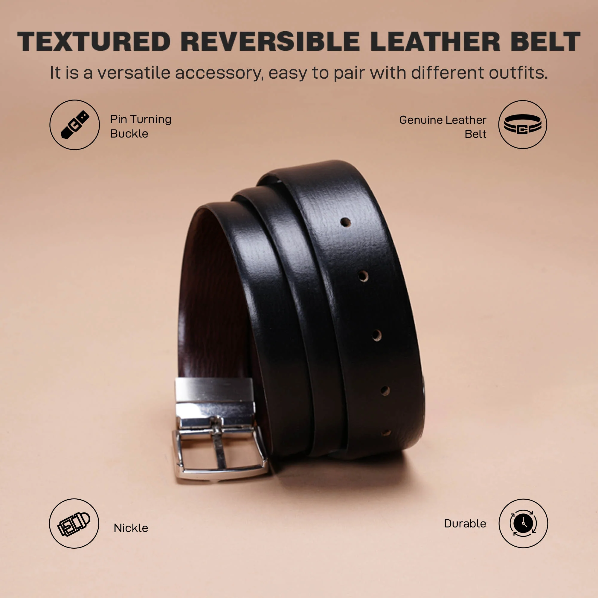 Black Brown Formal leather Belt for Men | Durable Leather Belt | Textured Leather Belt | Reversible - Image 3