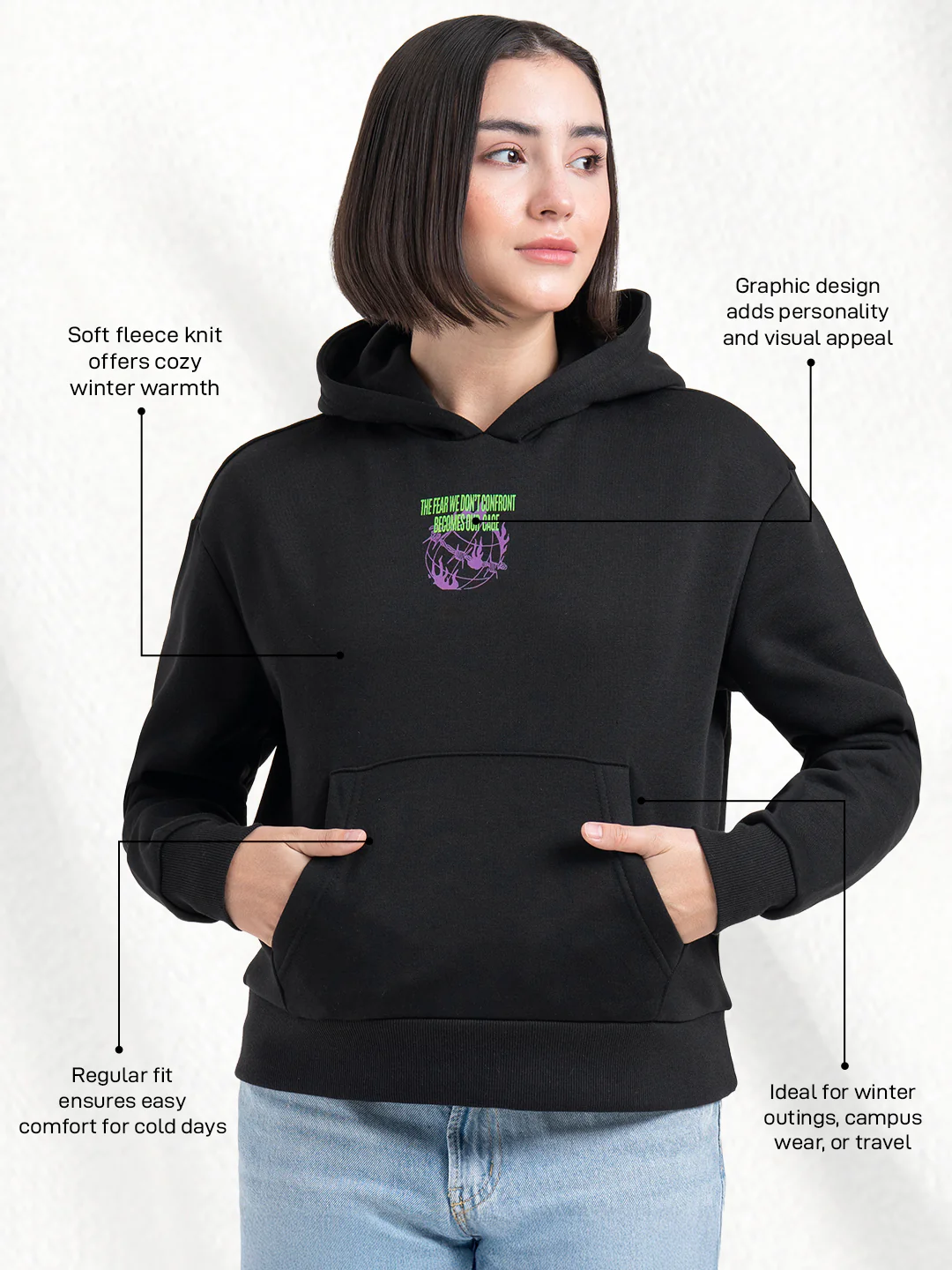 Black Graphic Hoodie for Women | Winter Essential - Image 2