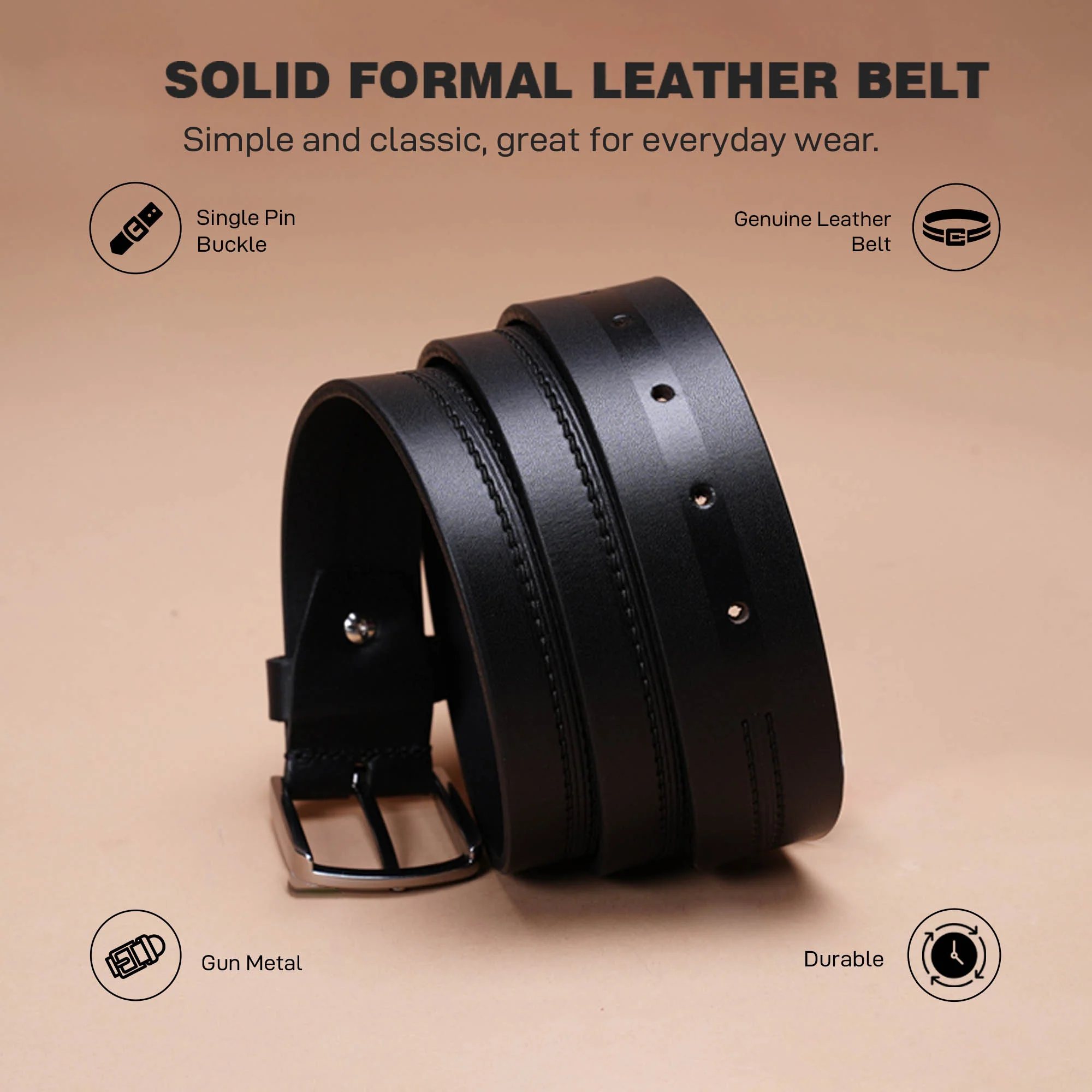 Black Leather Belt For Men | Solid Leather Belt | Classic and Durable - Image 3